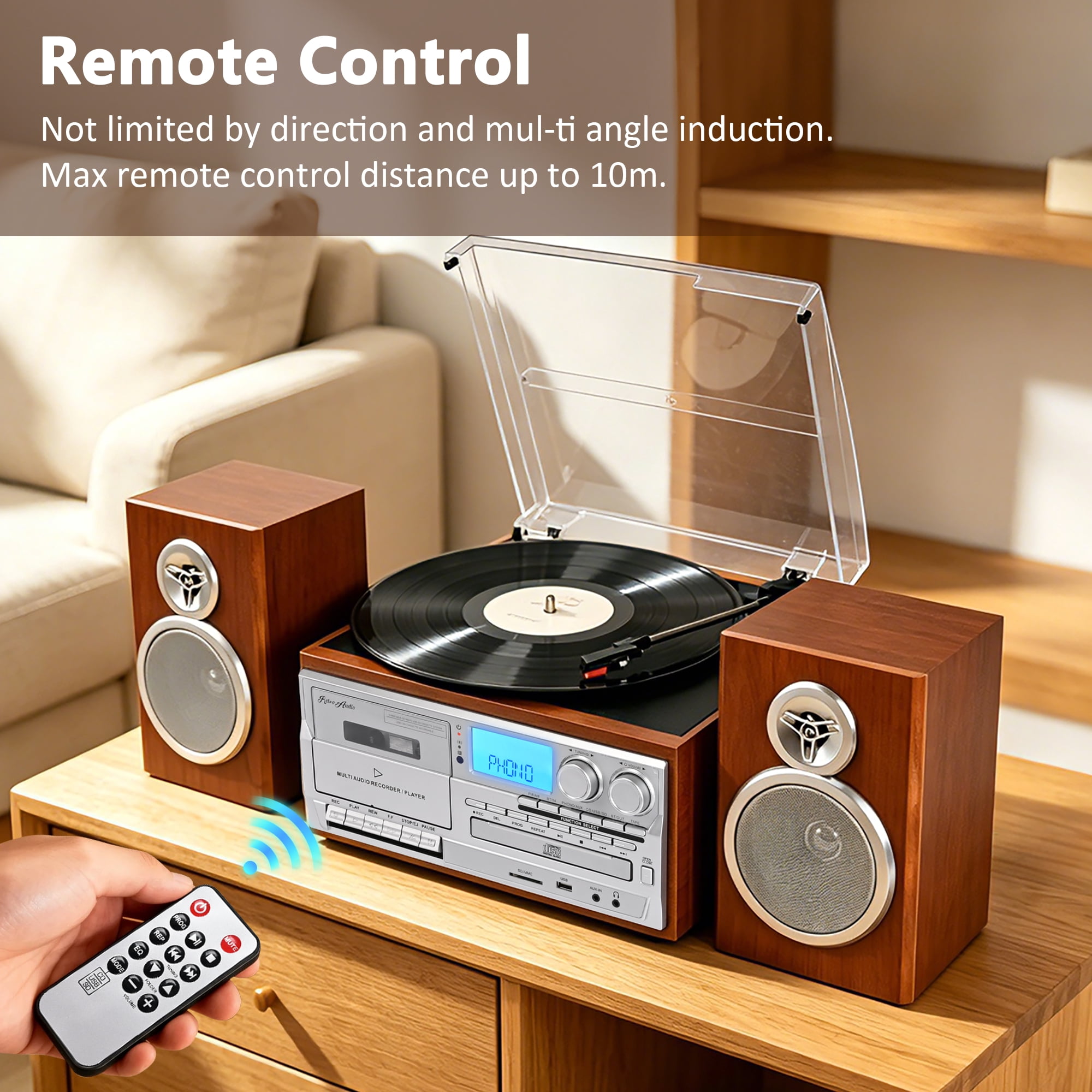RetroAudio 10-in-1 Vintage Turntable System with Dual External Speakers, Bluetooth Connectivity, CD and Cassette Player (Brown) ltp6i