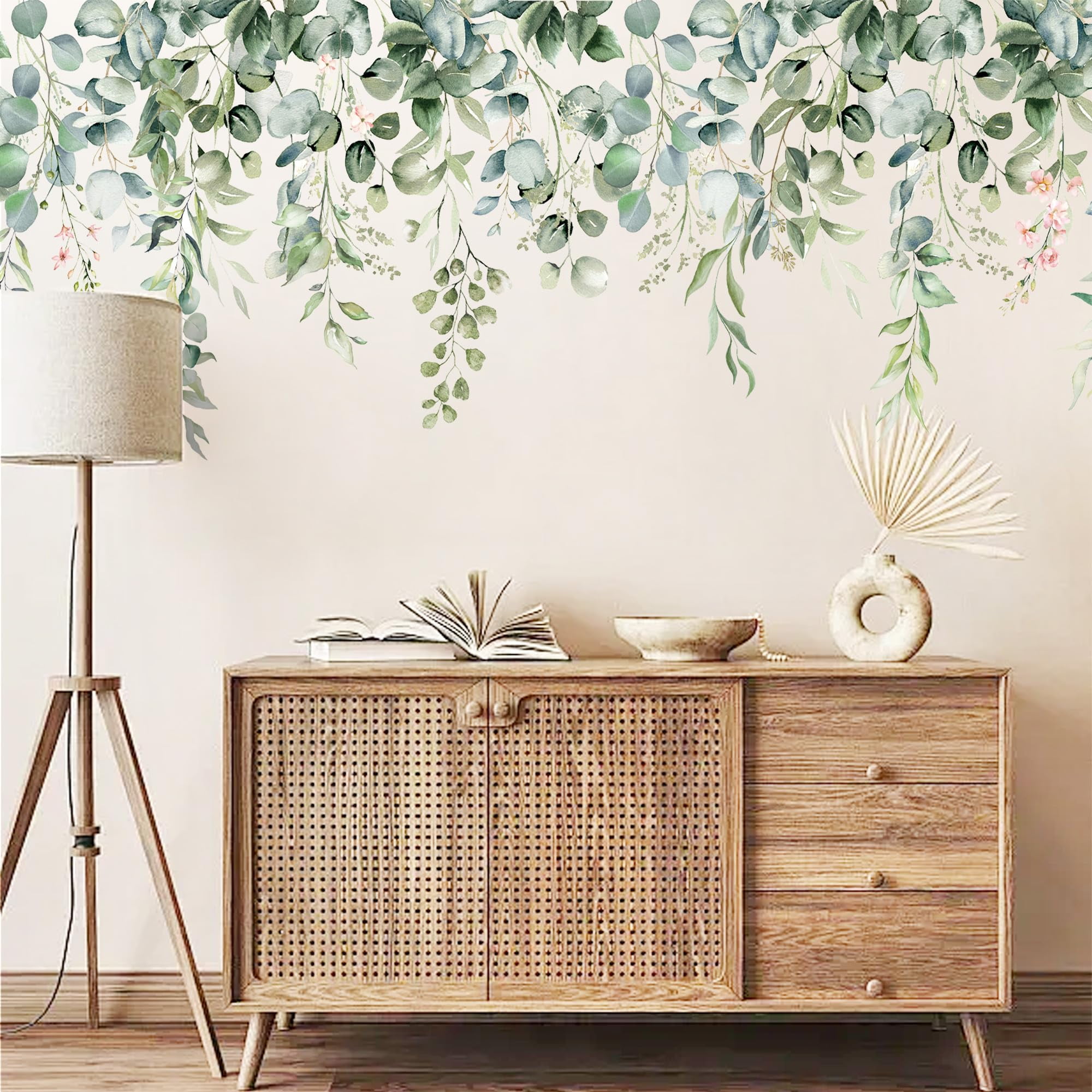 Neasyth Watercolor Floral Wall Decals, Peel and Stick Hanging Leaf Plant Giant Wall Stickers for Bedroom and Living Room (Green, 3 Sheets) nkj7n
