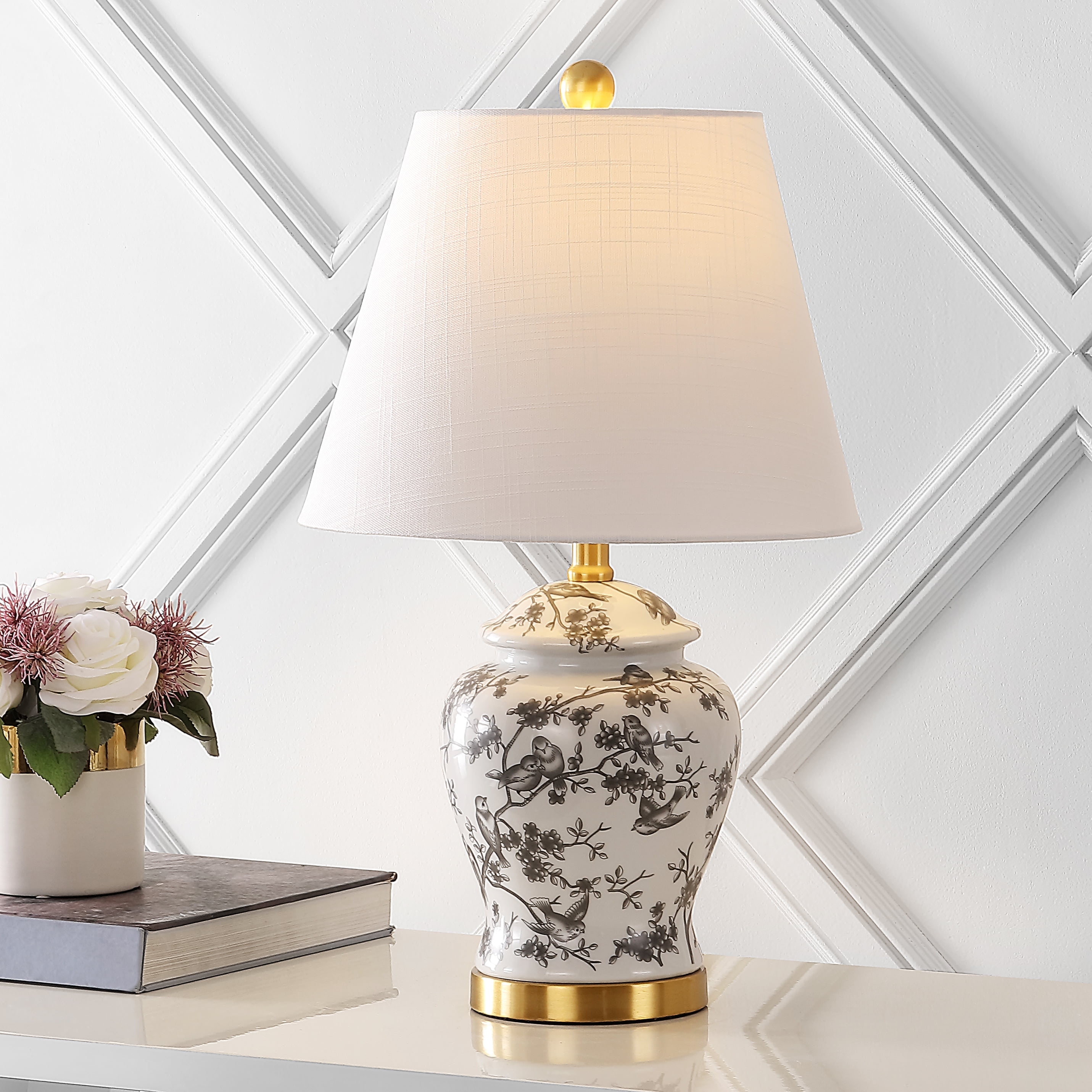 JONATHAN Y Penelope Chinoiserie Ginger Jar LED Table Lamp, Traditional French Country Ceramic Decor (Gray/White, 22 in) acu2v