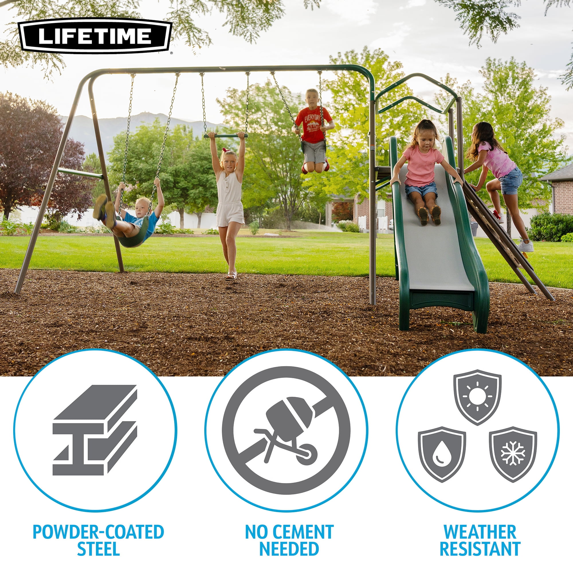 Lifetime Outdoor Adventure Swing Set with Slide, Climbing Wall, and Trapeze Bar (Green, 1 Set) twtmy