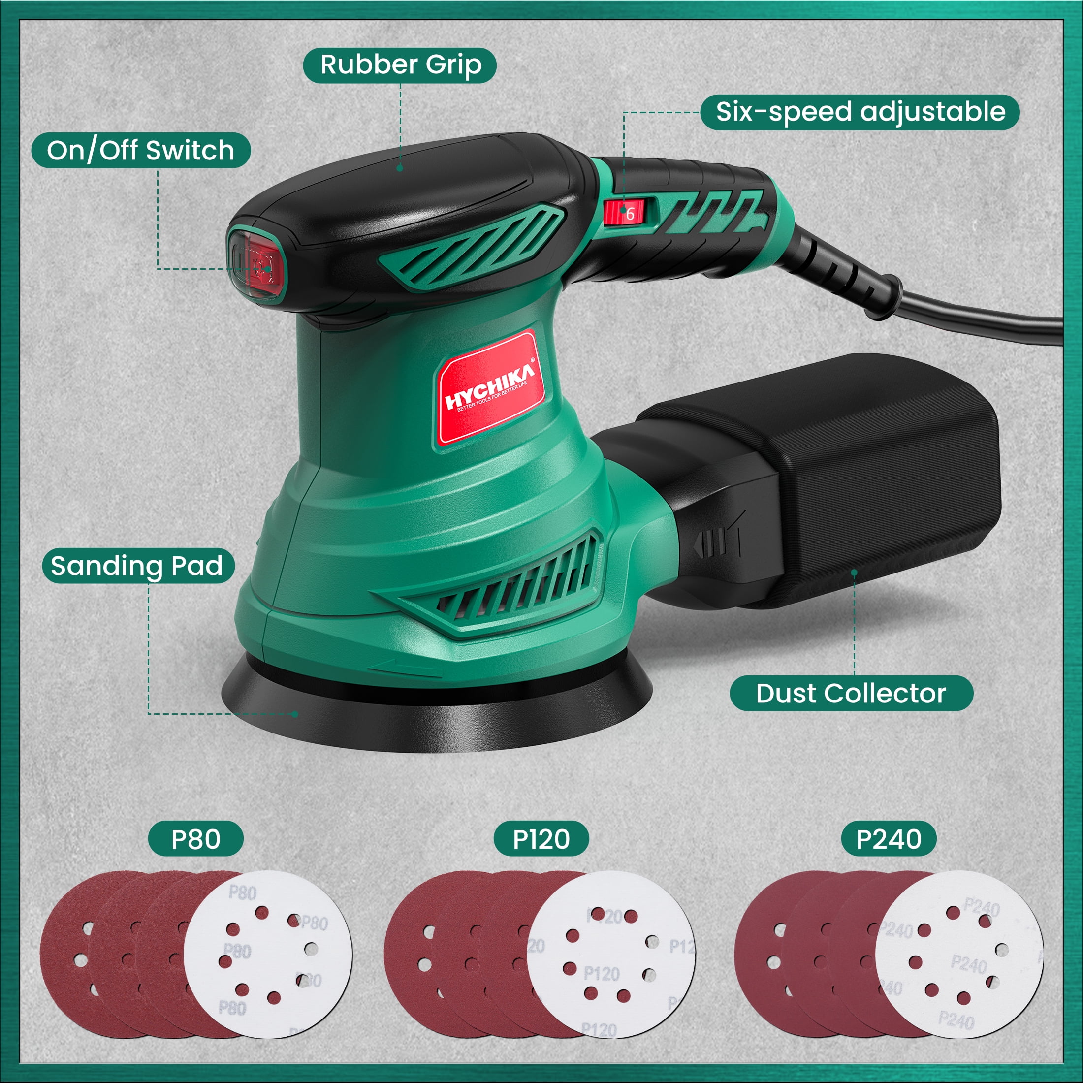 HYCHIKA 5-inch Random Orbital Sander, 6-Speed Variable Control with 12 Sanding Discs (5 in) qrq4l