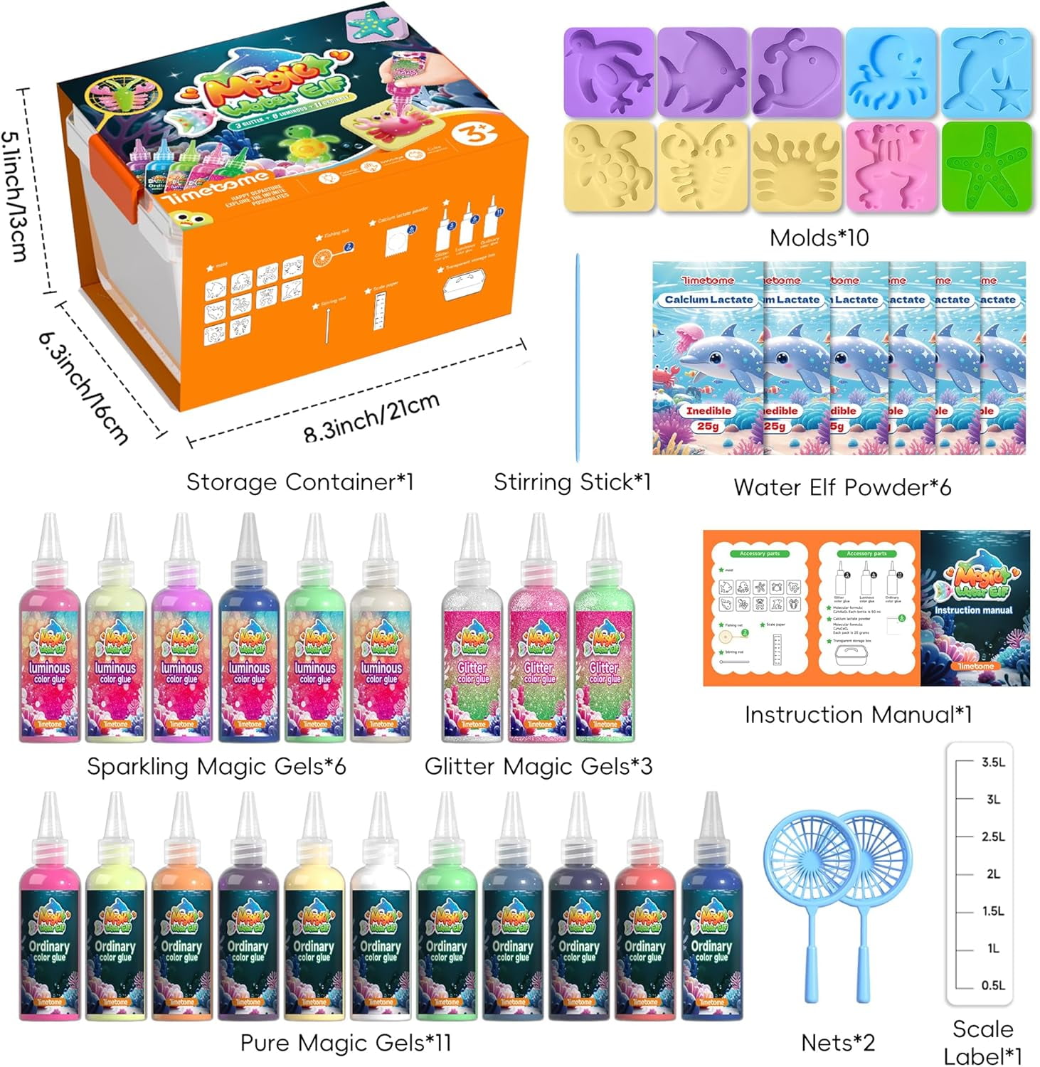 Timetome Magic Water Elf DIY Craft Kit, Sensory Squishy Maker with 20 Gel Colors and 10 Molds (20-Piece Set) 7js5b