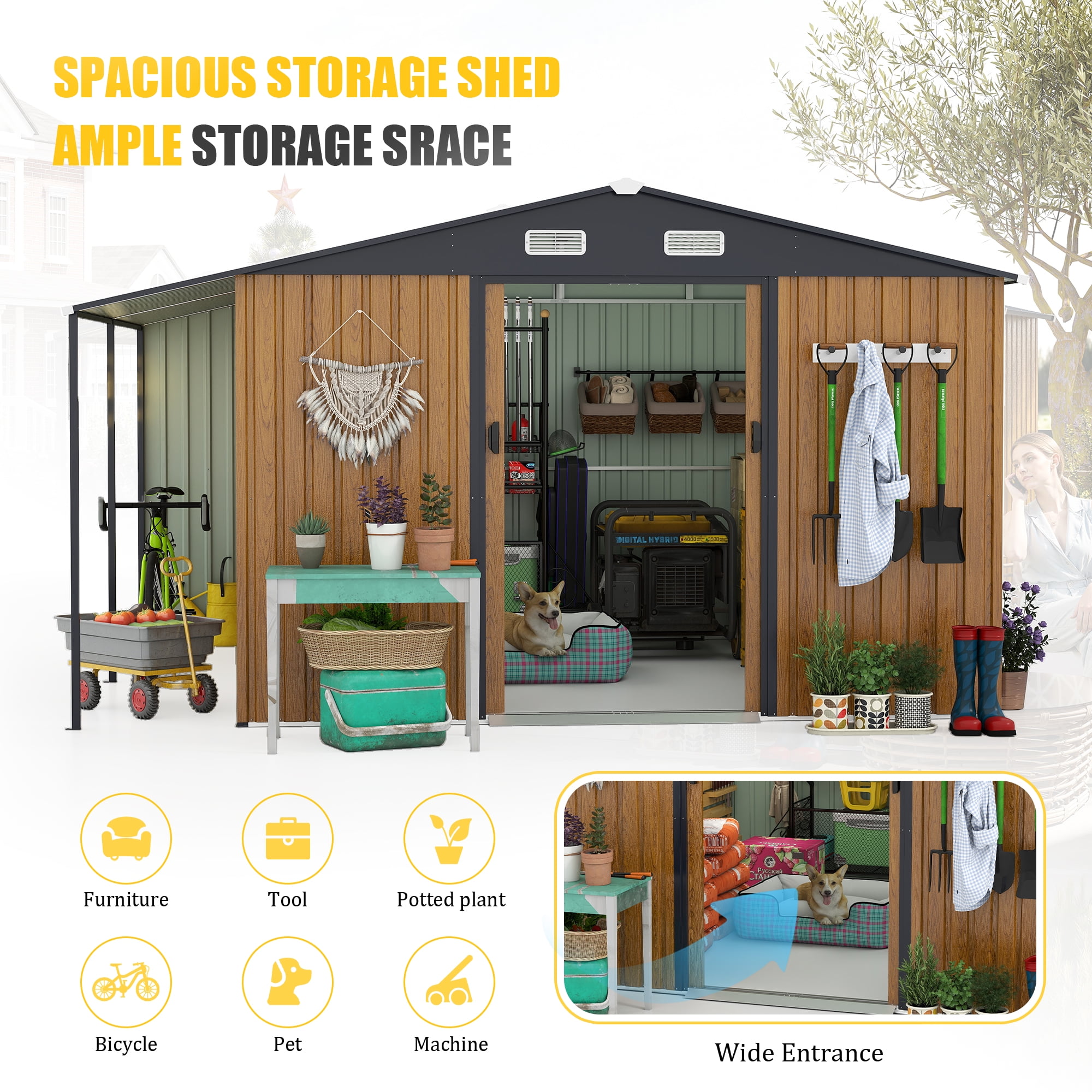 FFZ Outdoor Storage Shed with Firewood Bay and Lockable Doors (Yellow, 10 ft x 12 ft) s7b61