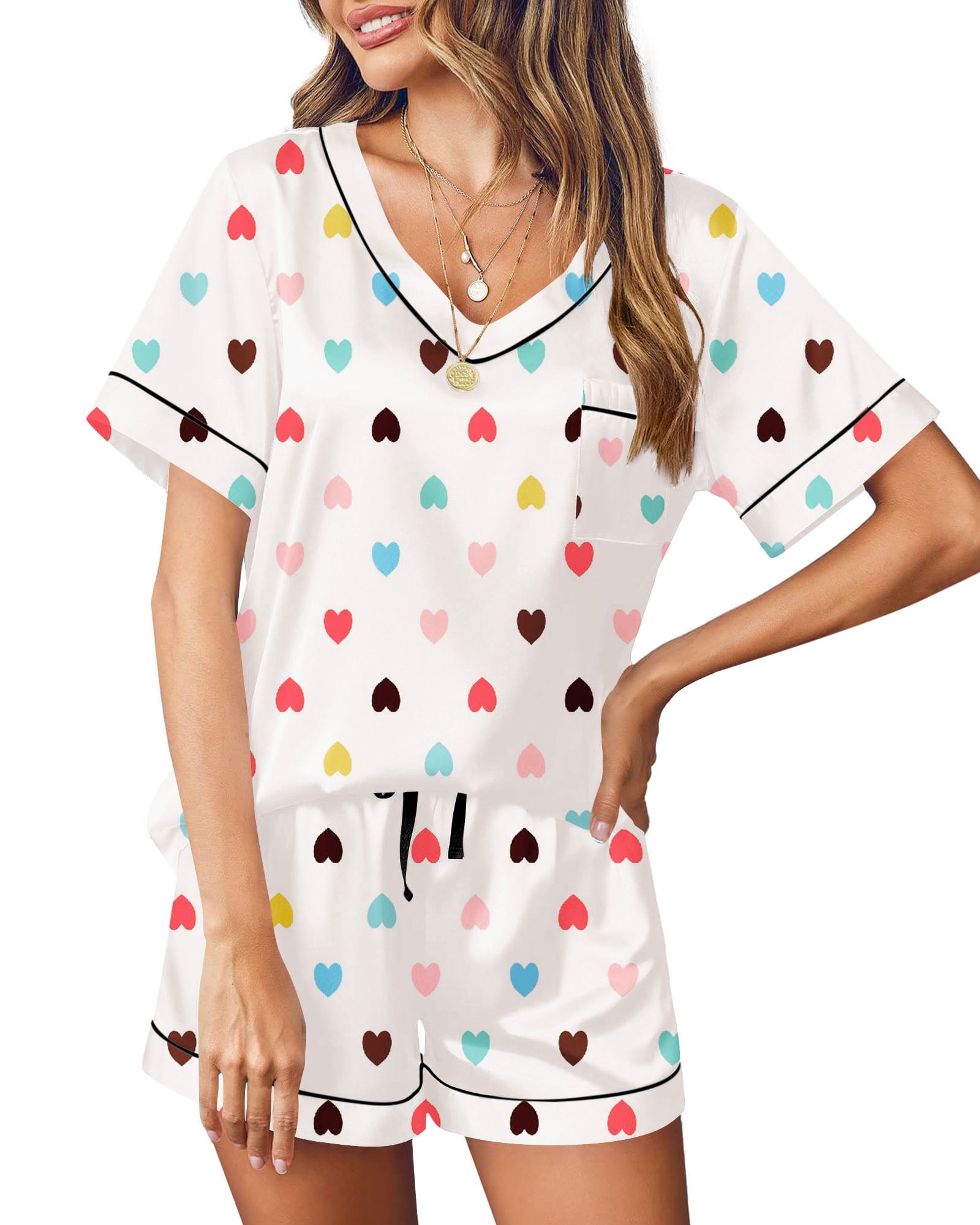 UVN Womens Satin Pajama Set Short Sleeve V-Neck Sleepwear Loungewear (White, S-2XL) wsncq