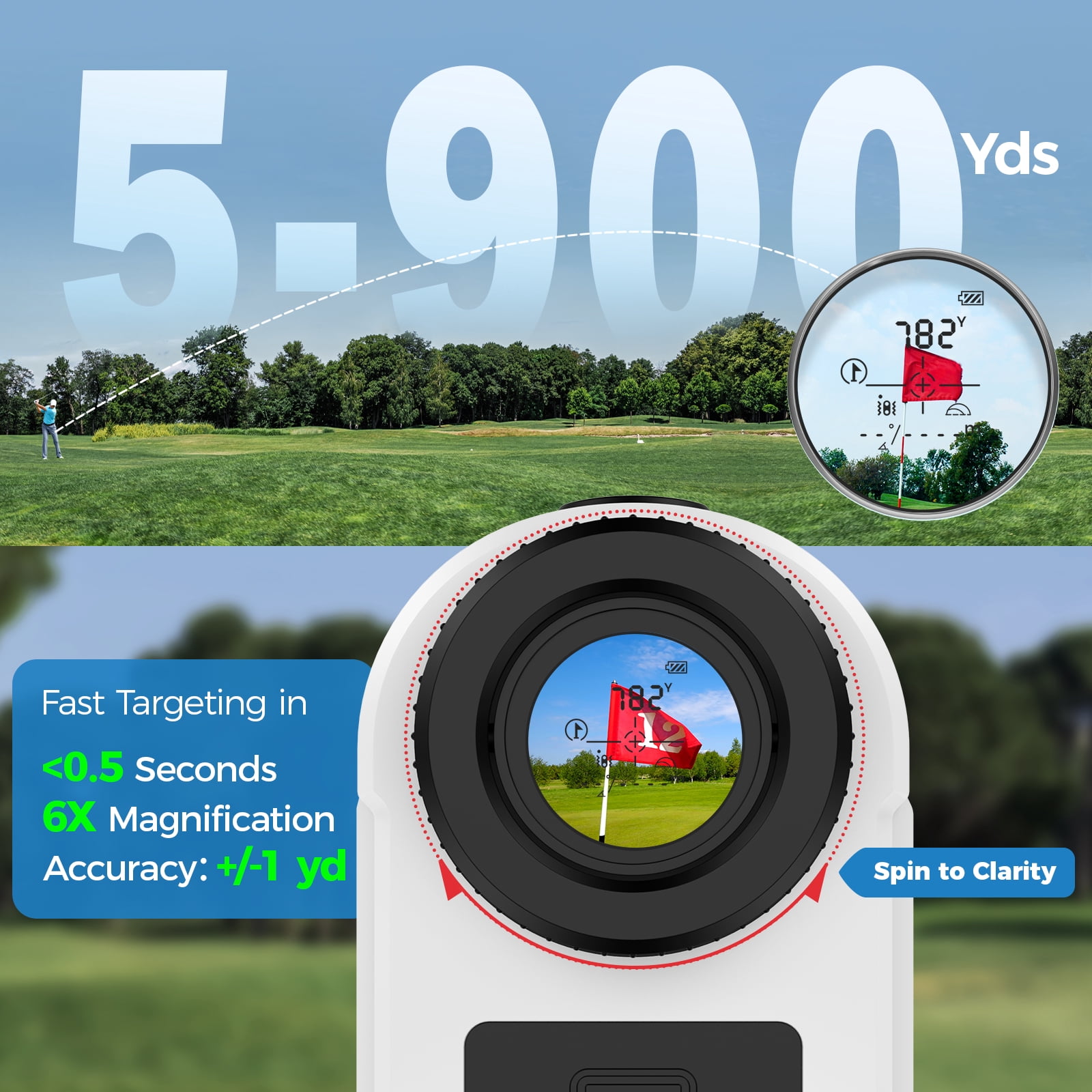 LAKWAR Golf Rangefinder with Slope Compensation, 900 Yards Laser Distance Finder, 6X Magnification, Flag Pole Locking Vibration, Rechargeable (White, 1 Unit) p9lvo