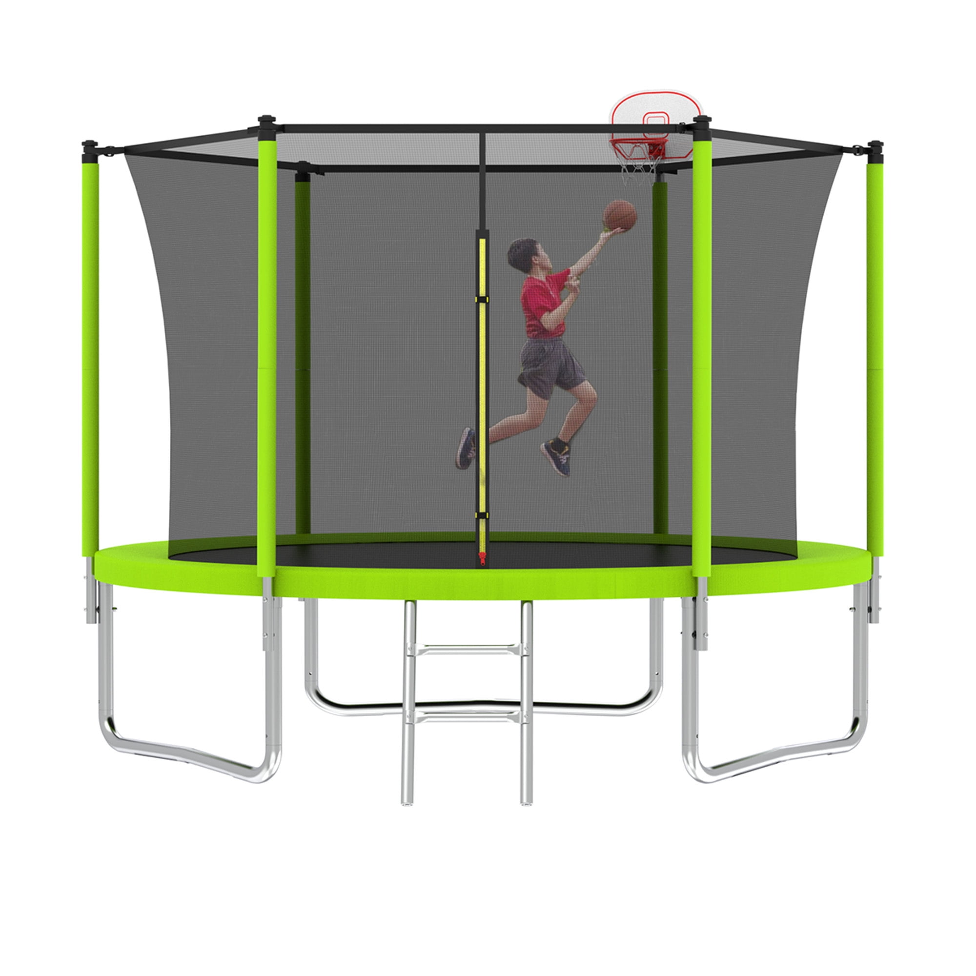 Leumius 10 ft Outdoor Trampoline for Kids with Basketball Hoop and Safety Enclosure Net (Green, 10 ft) 5ymx0