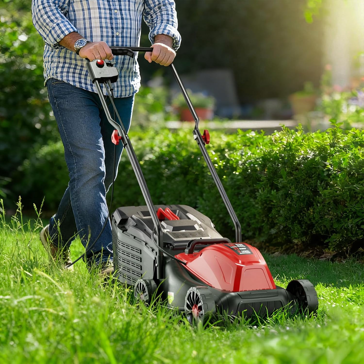 EAYSG Electric Corded Lawn Mower, 14-in Cutting Width, 1050W Motor, 3-Position Height Adjustment, Rear Bag Collection (Black) 58354
