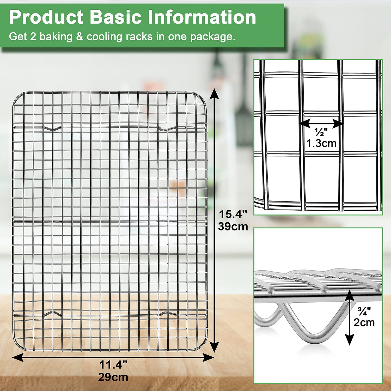 Vesteel Stainless Steel Cooling Rack for Baking and Roasting (Silver, 15.4 in x 11.4 in, 2-Pack) e4xqo