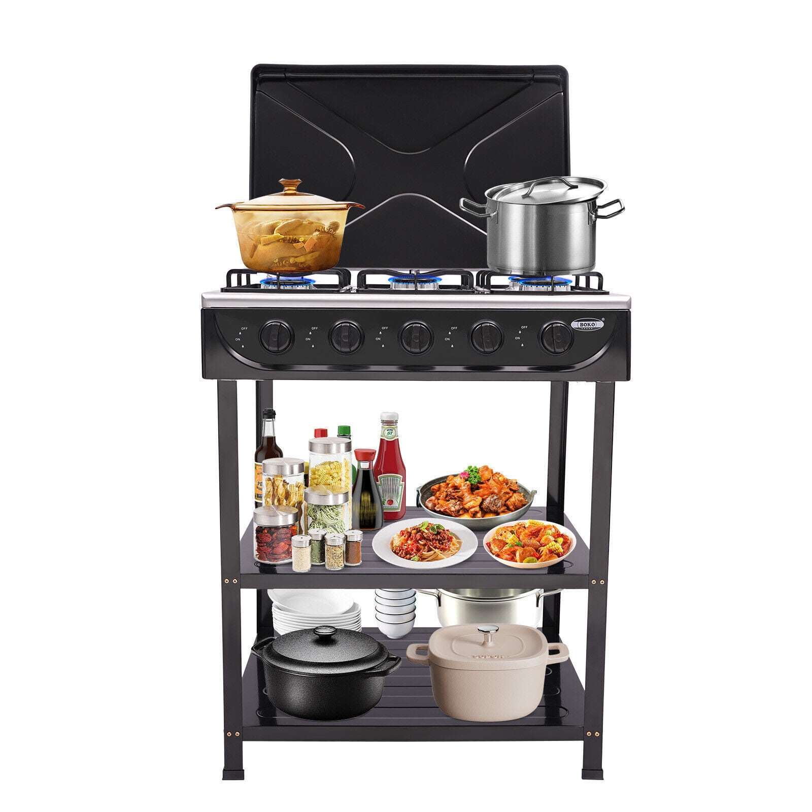 Generic 5-Burner Gas Stove Outdoor Camping BBQ Grill with 2-Tier Storage Rack (Black) g36xu