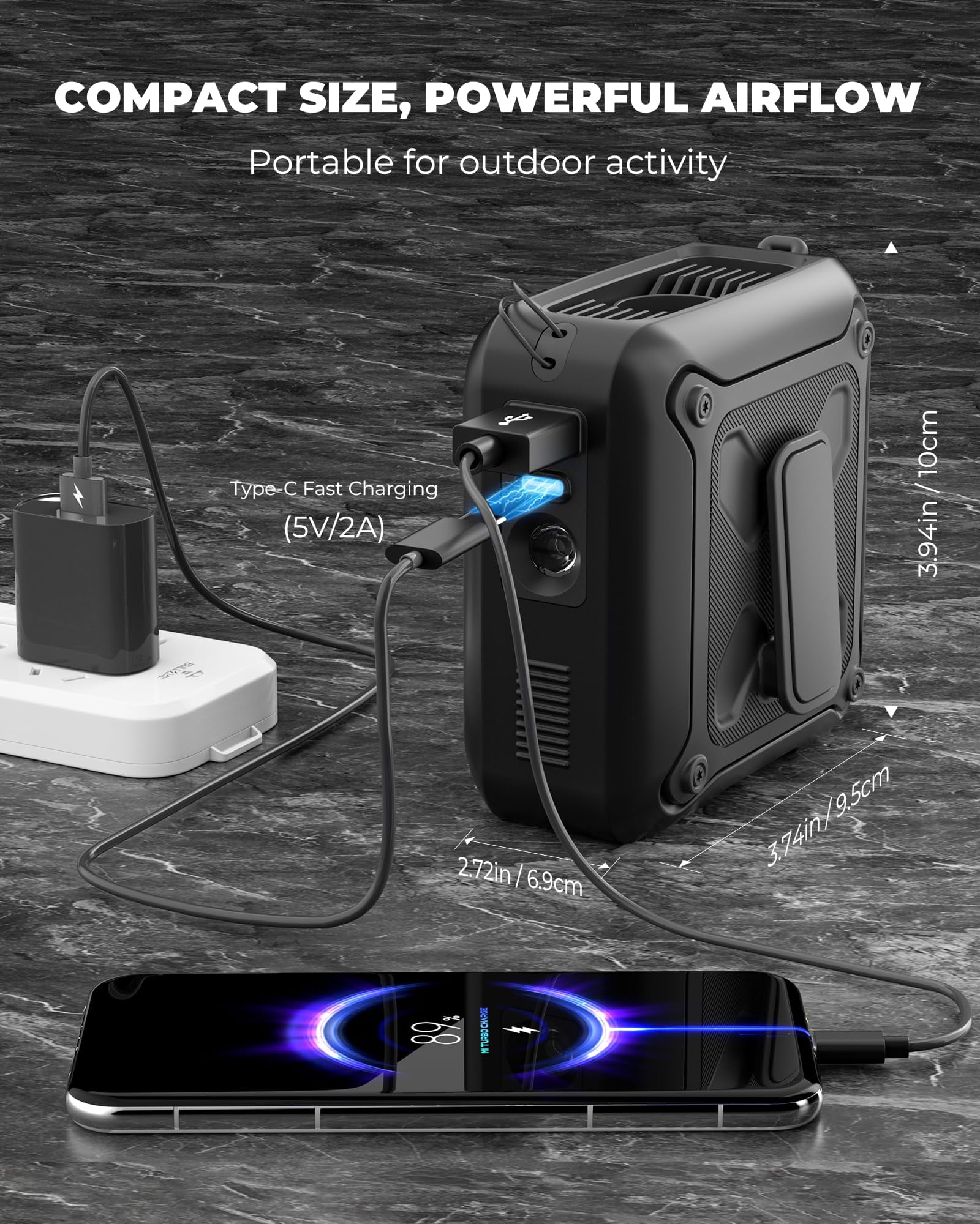 FrSara Portable Waist Fan Clip-on Personal Cooling Fan with LED Display and Flashlight (Black, 8000mAh) t5dwg