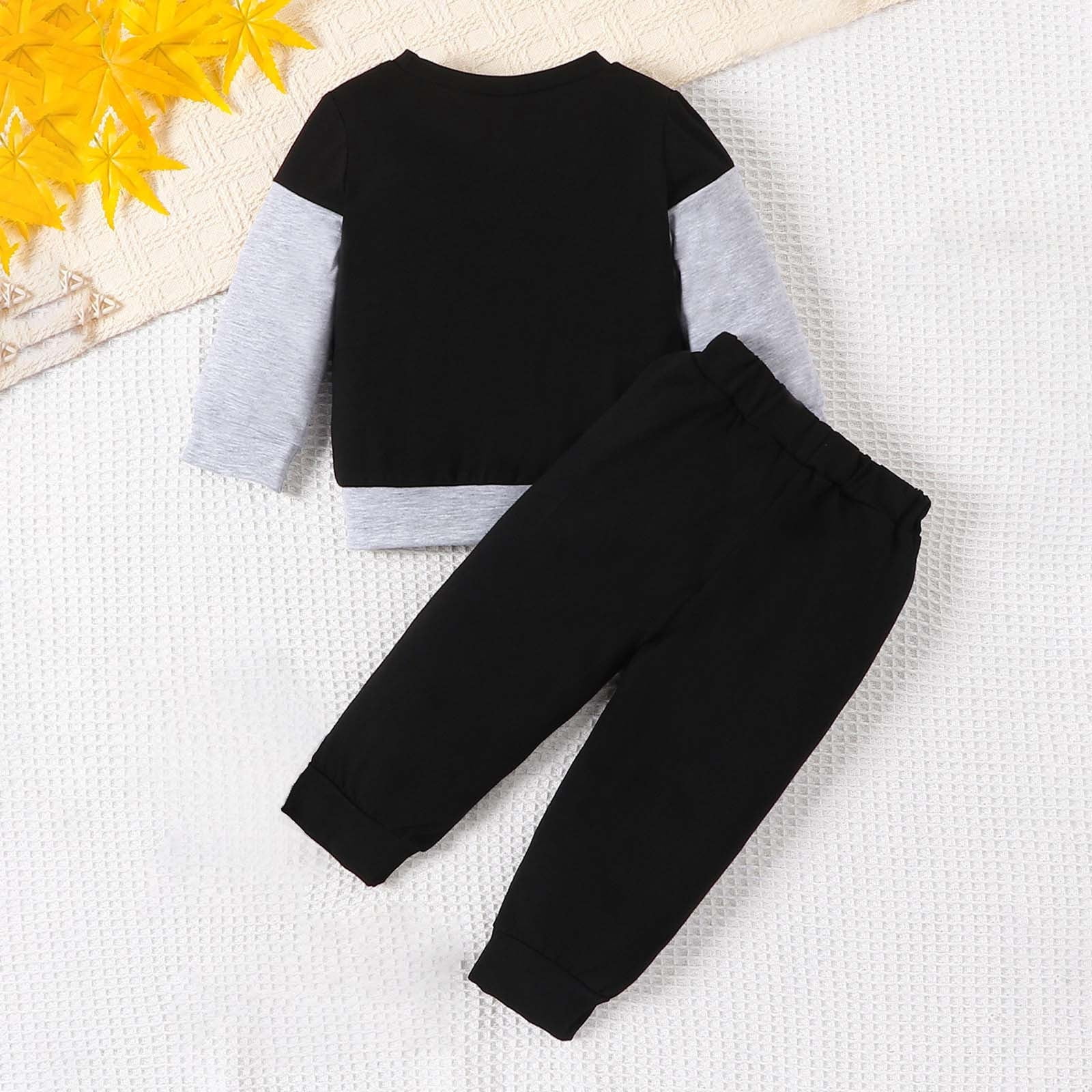 BLVB Toddler Baby Boy Fall Winter Outfit Set Long Sleeve Pullover Sweatshirt and Joggers (Black, 12-18 Months) 7gmng