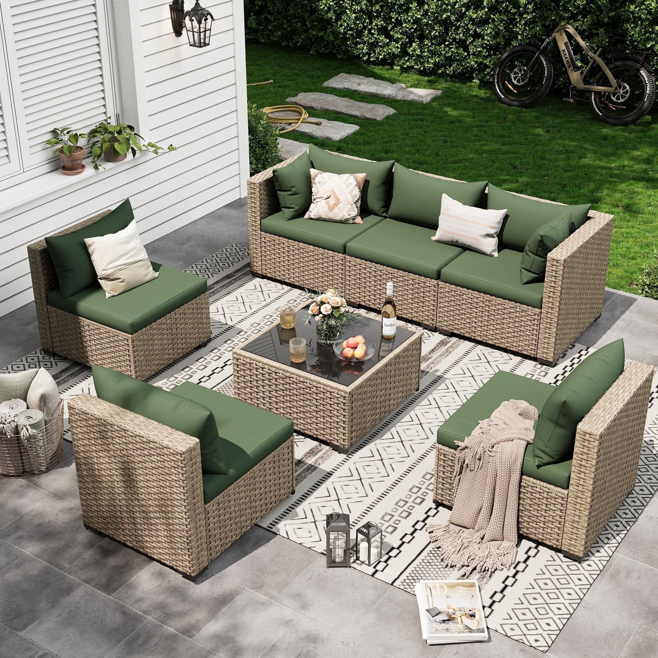 POTEBAN 7-Piece Outdoor Patio Furniture Set, Rattan Wicker Sectional Sofa with Cushions (Grey, 7-Piece) oq7q9