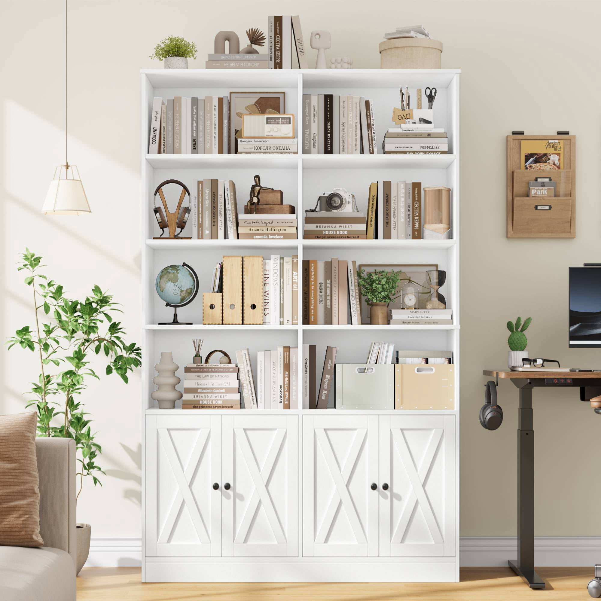 Hiphuta Tall Bookcase with Doors and Shelves, Freestanding Storage Display Cabinet for Home Office (White, 71 in H x 47.2 in W) nux95