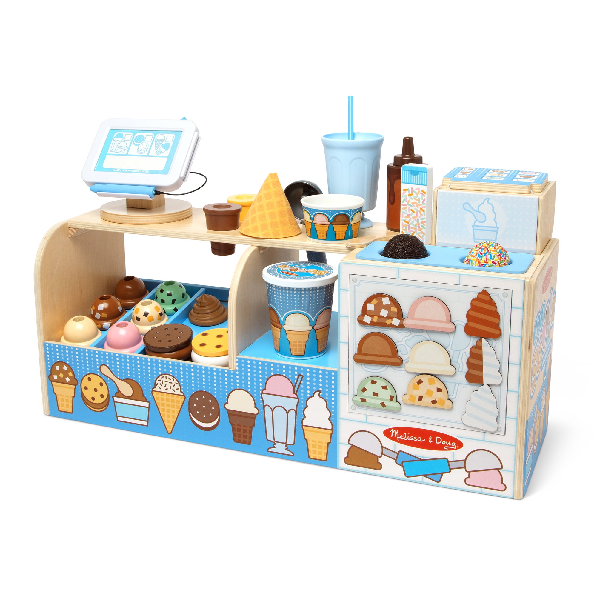 Melissa & Doug Cool Scoops Ice Creamery Wooden Play Counter with Pretend Food Set (15 in x 10 in x 8 in) emb42