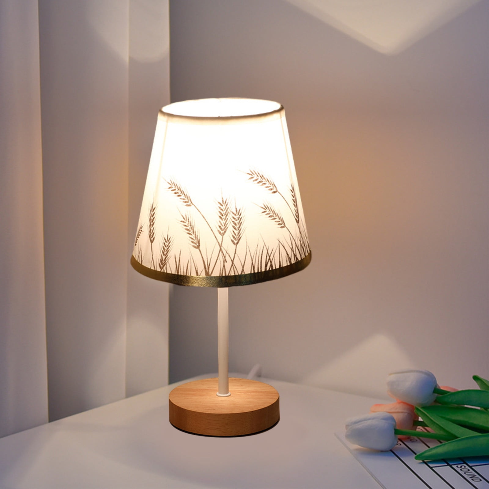 Gnmfd LED Solid Wood Desk Lamp with Linen Fabric Shade (Beige, 12 in) 5rp0m