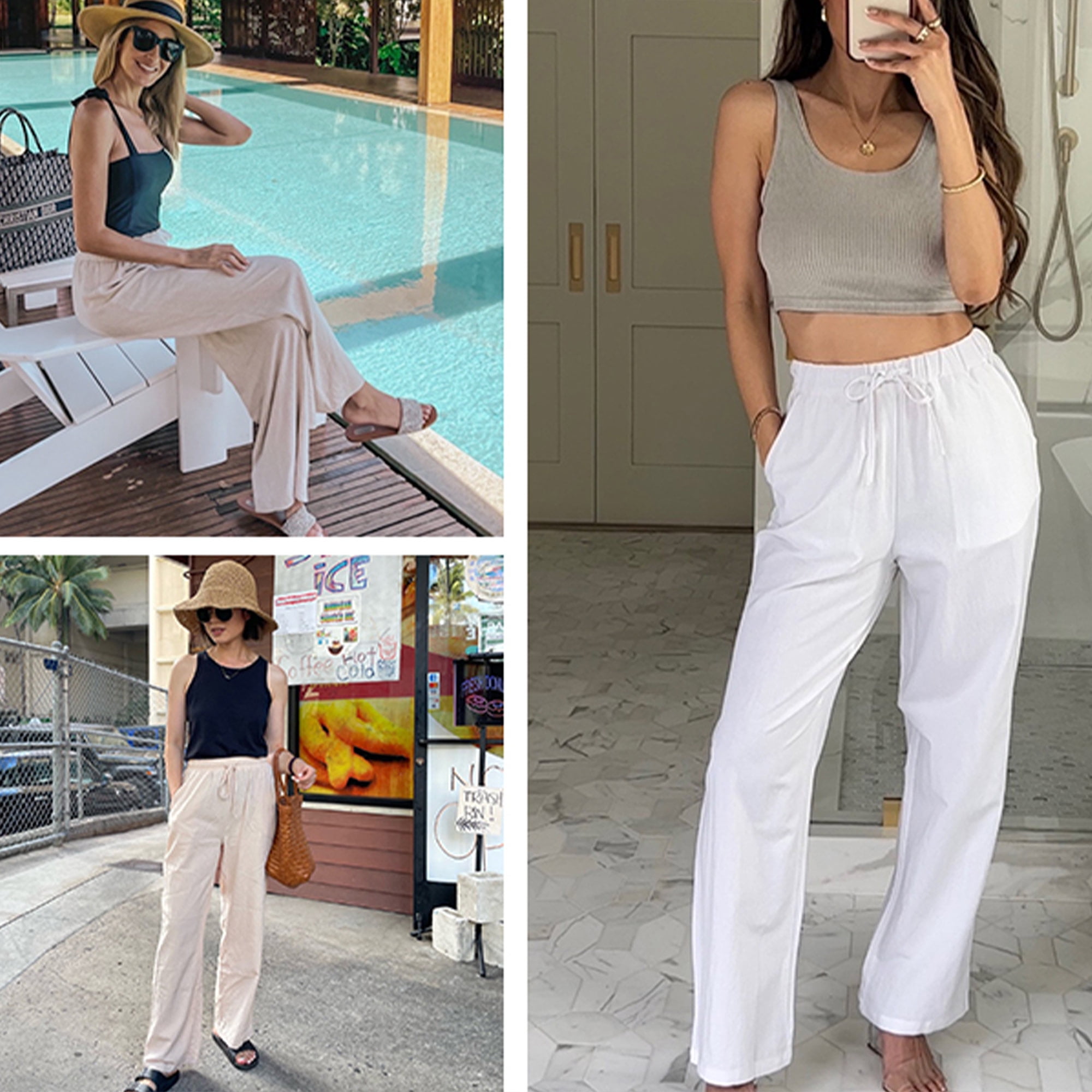 Temofon Women's Wide Leg Linen Pants Casual Summer Palazzo Trousers with Pockets and Drawstring (Beige, L) wuxc6