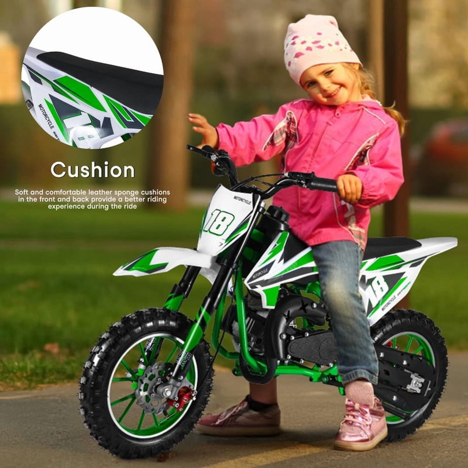 Seipouy 49cc Gas Powered Dirt Bike for Kids, Off-Road Pit Bike with Hydraulic Disc Brakes (Green, 10 in Tires) lawn2