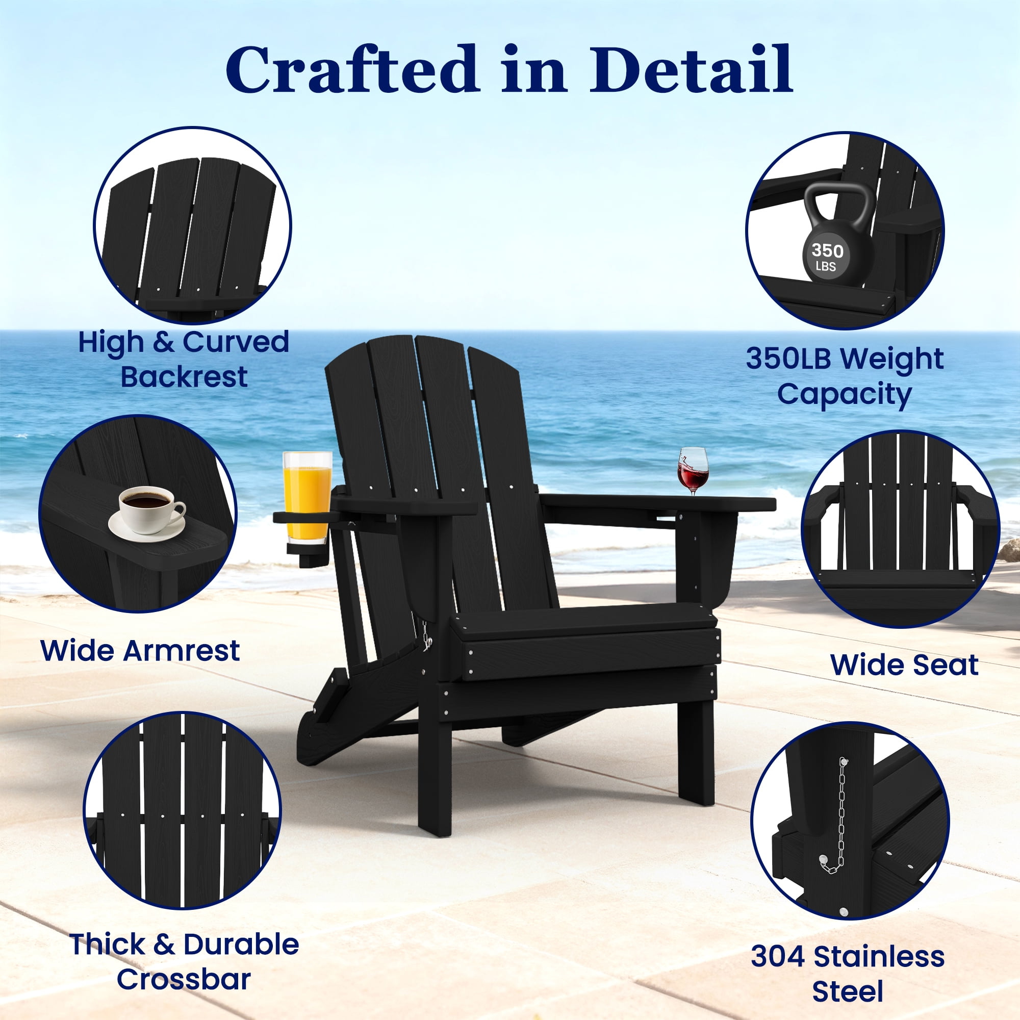 SERWALL Folding Adirondack Chair Set, All-Weather HDPE Patio Furniture with Cup & Phone Holders (Black, 32.5 in x 29.3 in x 35.8 in) ps3gb