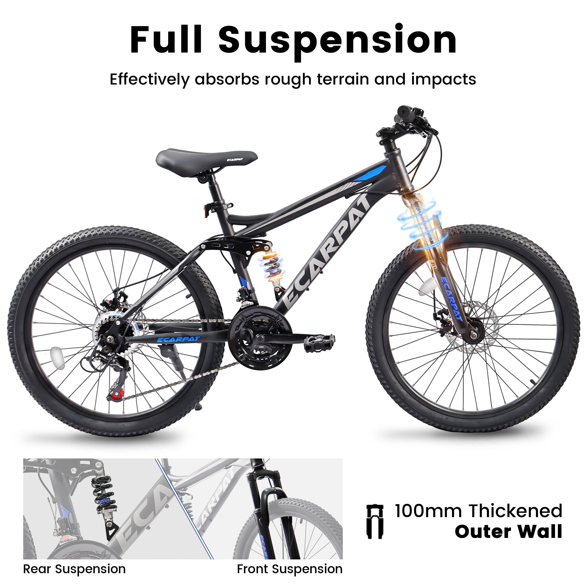 RAISTYW 26-Inch Mountain Bike, 21-Speed Full Suspension MTB with High Carbon Steel Frame and Disc Brakes (Black and Blue, 26 in) fhtgy