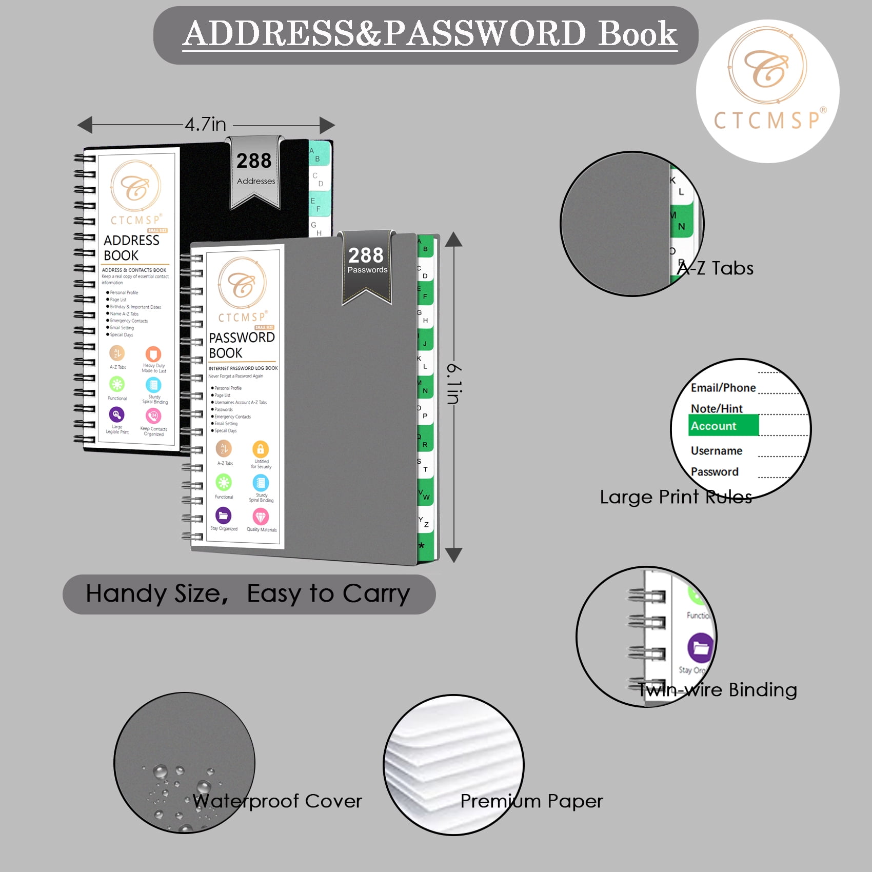 CTCMSP Password Keeper and Address Book with Alphabetical Tabs (Black, 2 Pack, 6.1 in x 4.7 in) zthmi