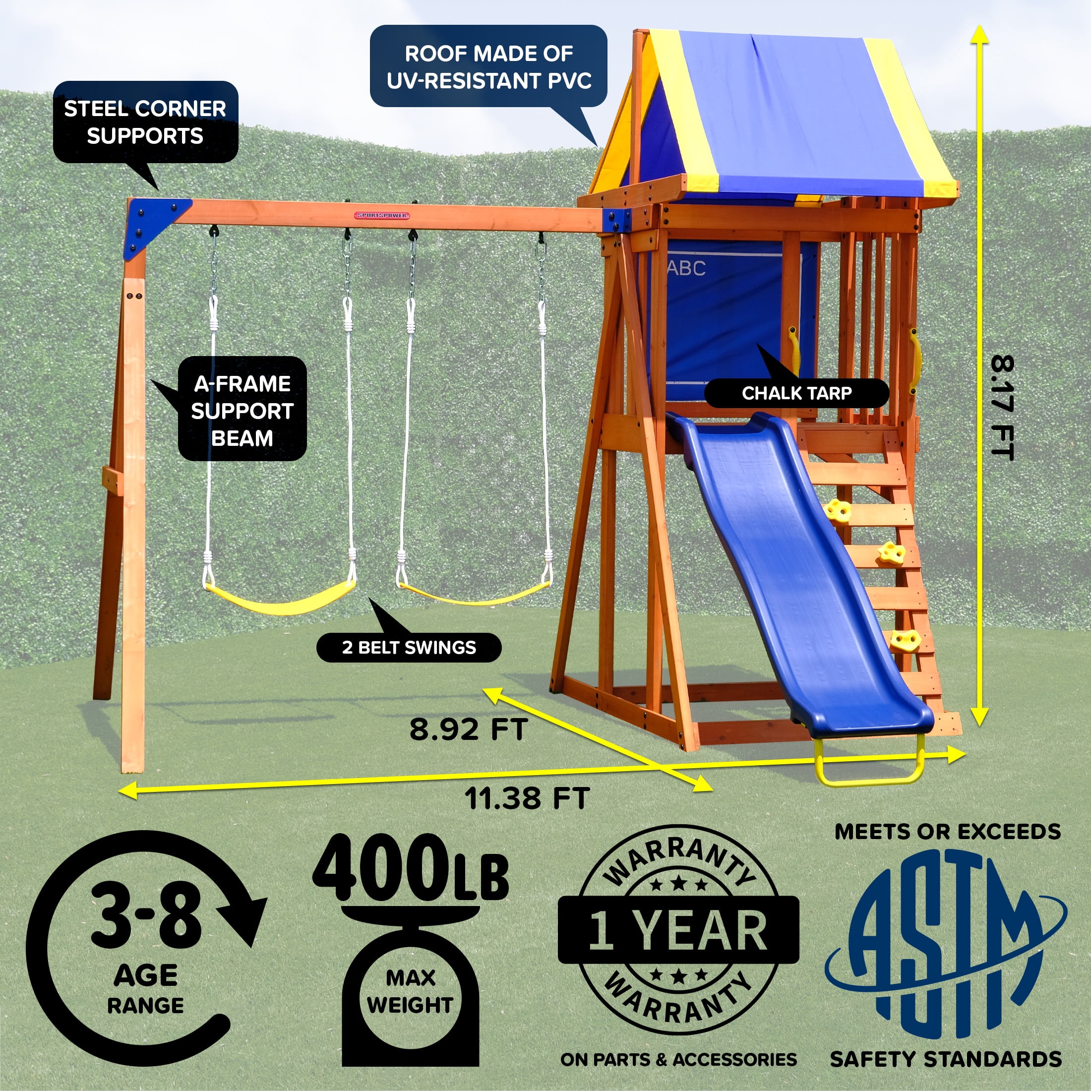 Sportspower Asher Wooden Swing Set with 2 Belt Swings, Rock Climber, and 6ft Slide (Blue, 500 lb Capacity) i3fe5