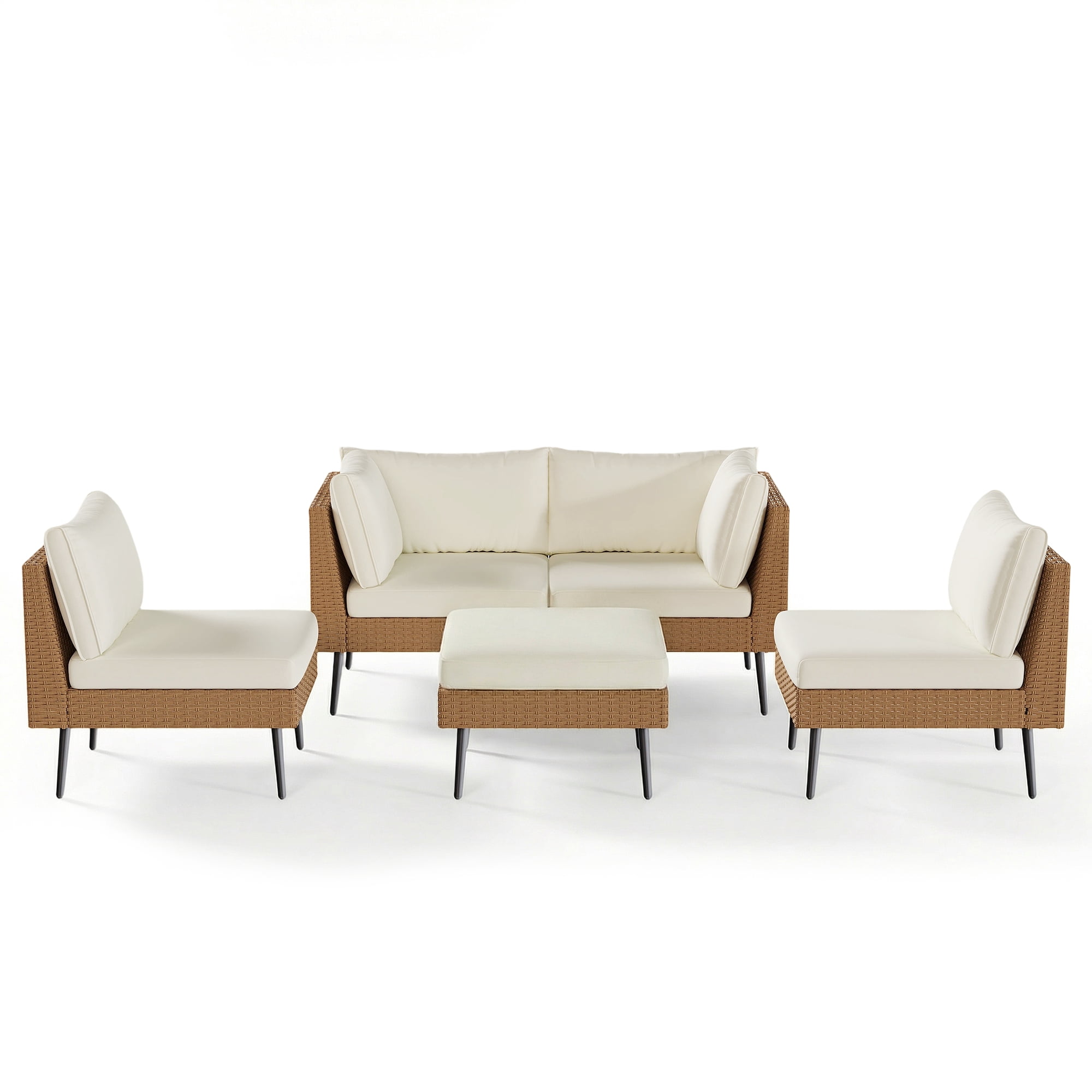 LAZZO 5-Piece Outdoor Wicker Conversation Set, All-Weather Sectional Sofa with 4 Chairs and 1 Ottoman (Beige, 5-Piece Set) snctr