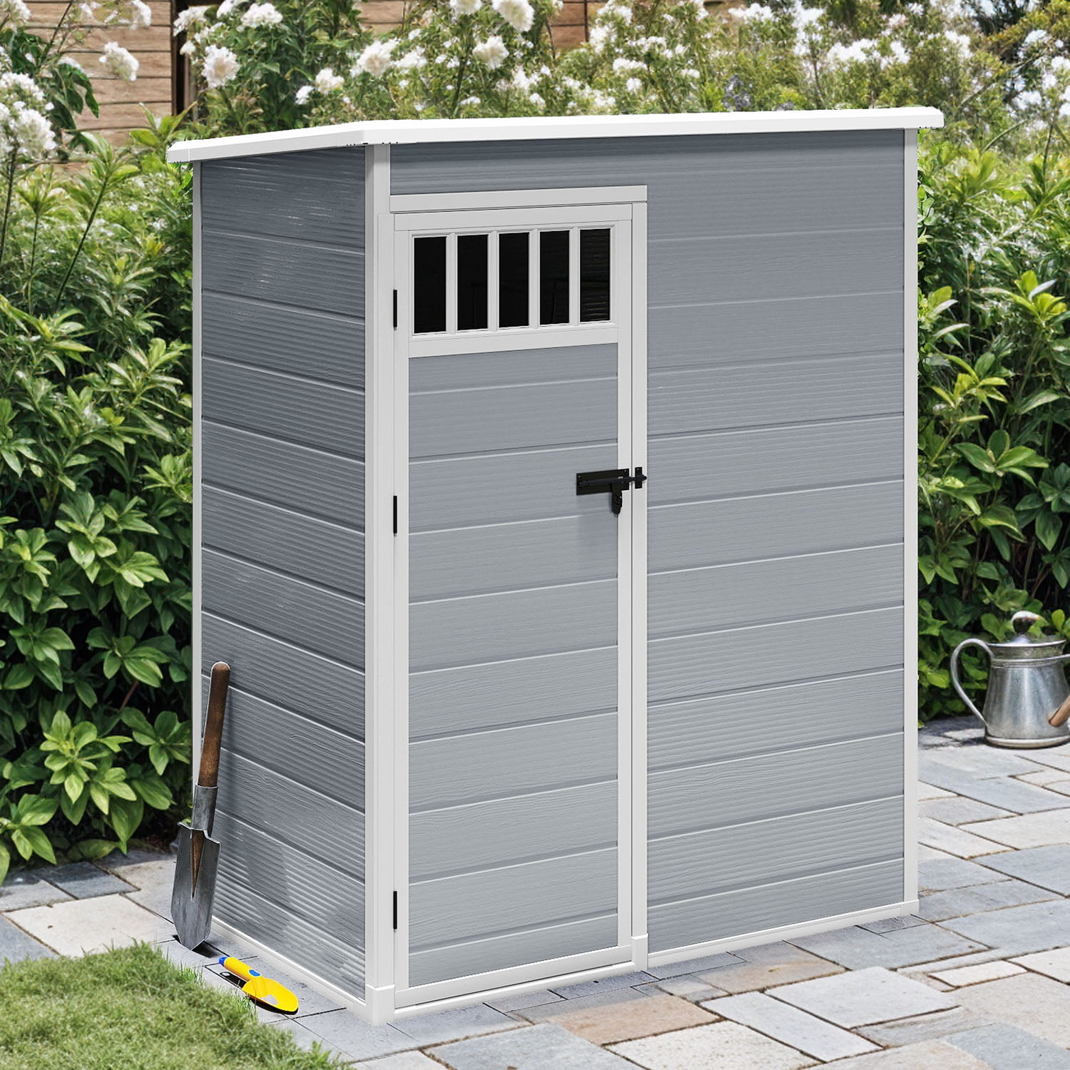 Uforic Outdoor Storage Shed with Windows and Lockable Doors (Gray, 5 ft x 3 ft) ua4kz