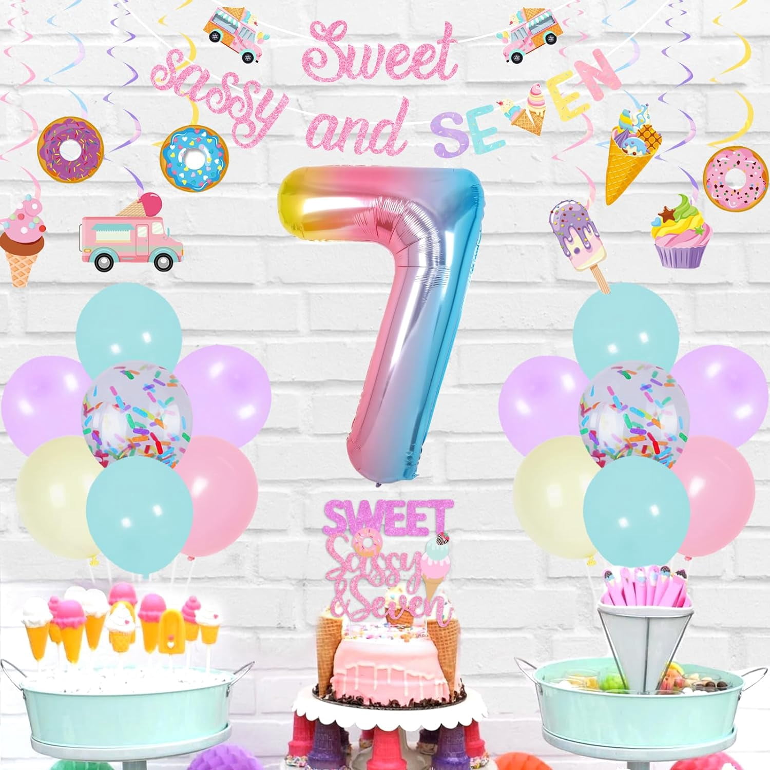 Cheereveal Ice Cream 7th Birthday Party Decoration Set, Sweet Sassy and Seven Banner, Balloon Garland Arch Kit (Yellow, 87 Piece Set) oblx7