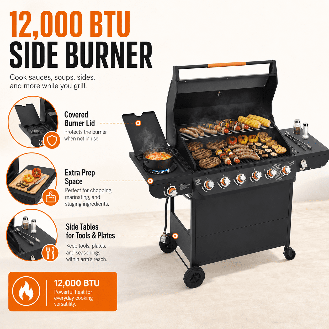 Seizeen 4 Burner Propane Gas Grill with Side Burner, Outdoor Stainless Steel BBQ Grill (Black, 46790 BTU) eavsv
