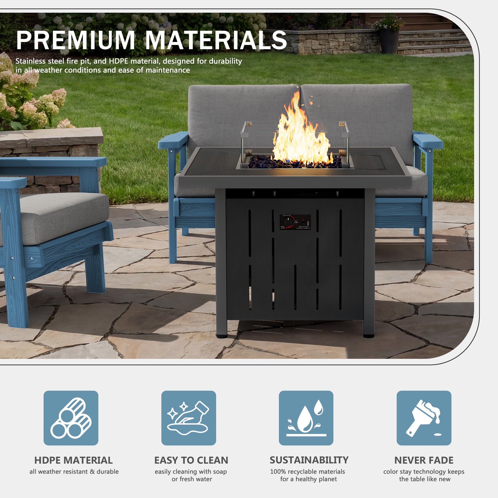 SERWALL 33 in Square Propane Fire Pit Table with Glass Wind Guard and Lid (Black, 50,000 BTU) s92h0