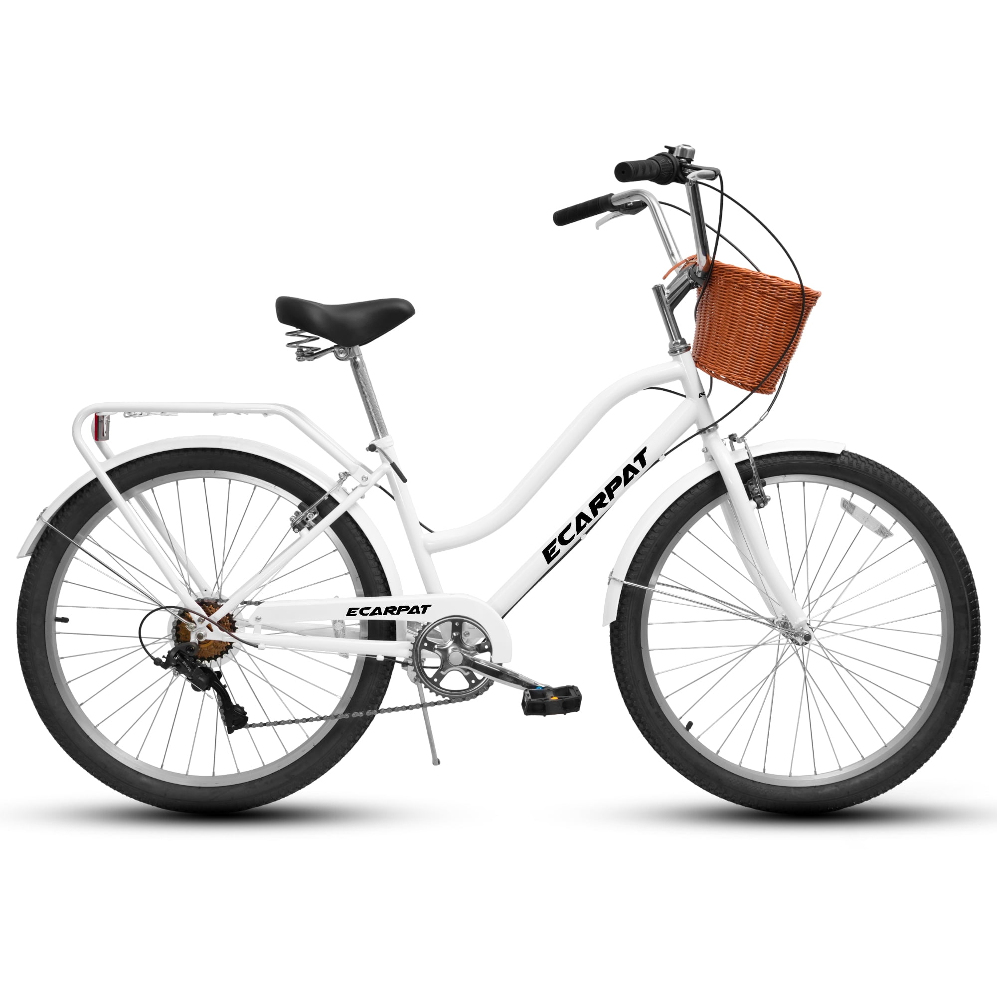 Ecarpat 26 Inch Beach Cruiser Bike for Women, 7 Speed Commuter Bicycle with Dual V-Brakes, Rear Rack and Basket (White, 26 in) 1akff
