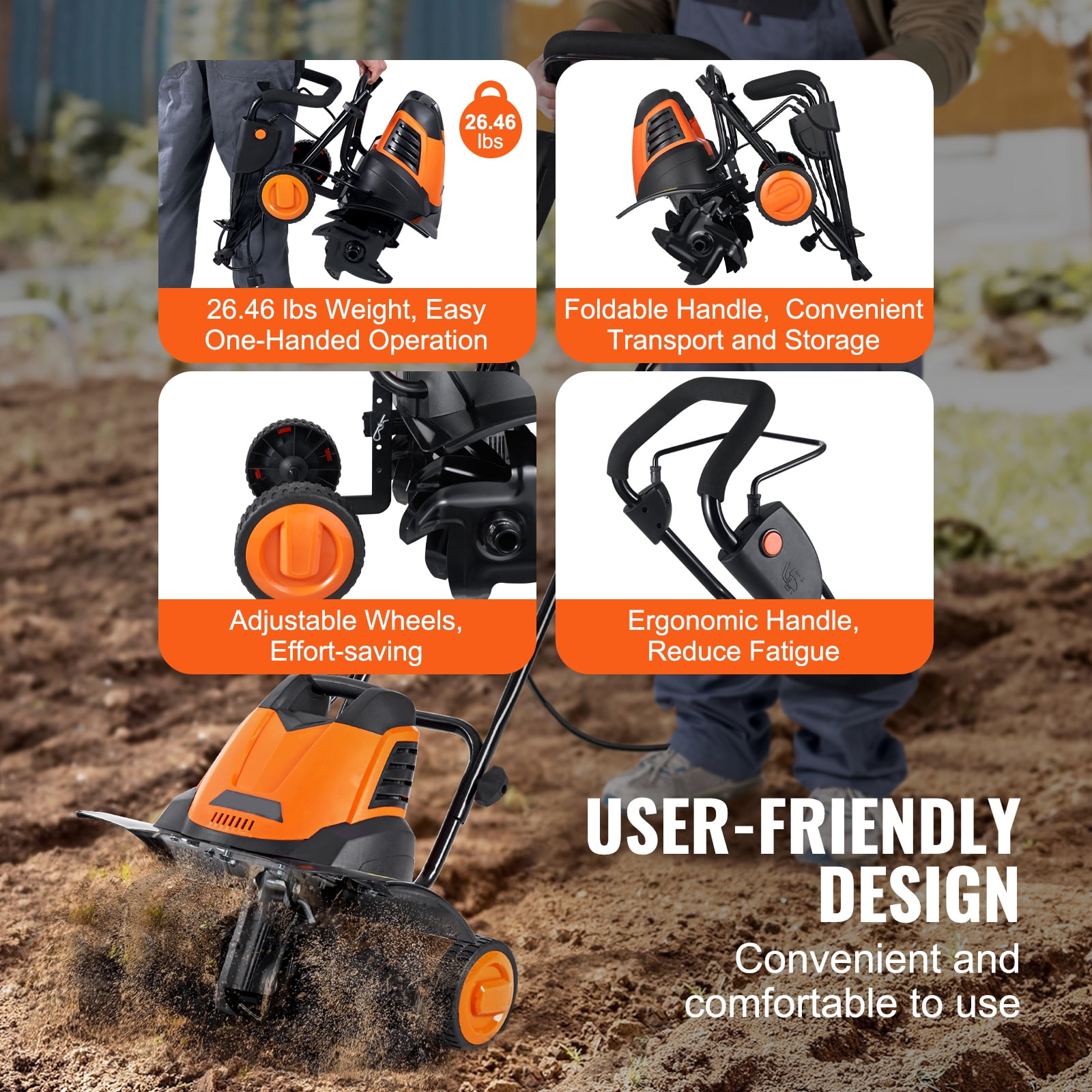 KFFKFF Electric Tiller and Cultivator, 12 Amp Corded Rototiller with Steel Tines for Garden Soil Excavation (18 in Width, 3.94 in Depth) ohikk
