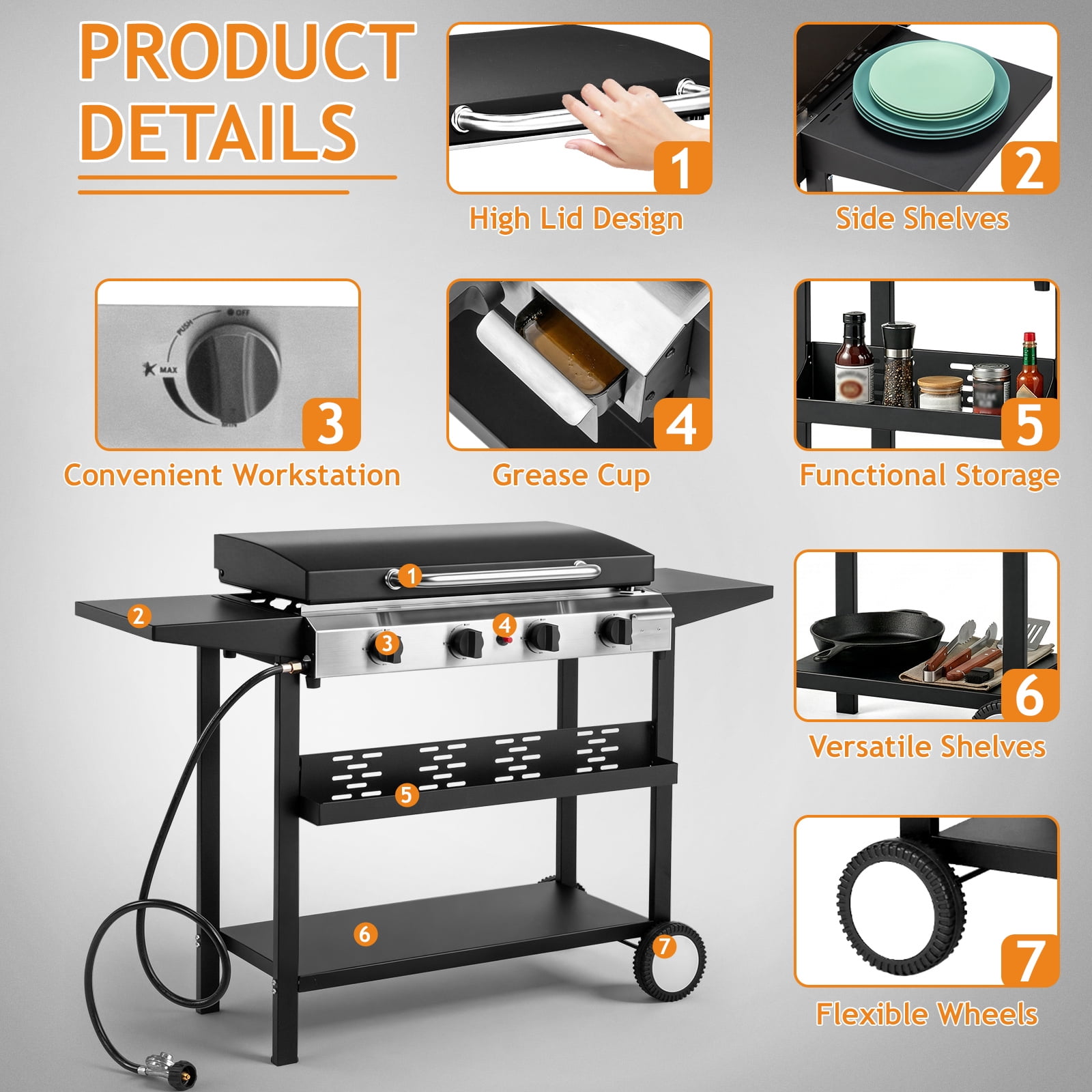 Zintown 4-Burner Propane Gas Griddle Table Top Camping Grill (Black, 52.4 in x 15.4 in x 35.4 in) ohufs