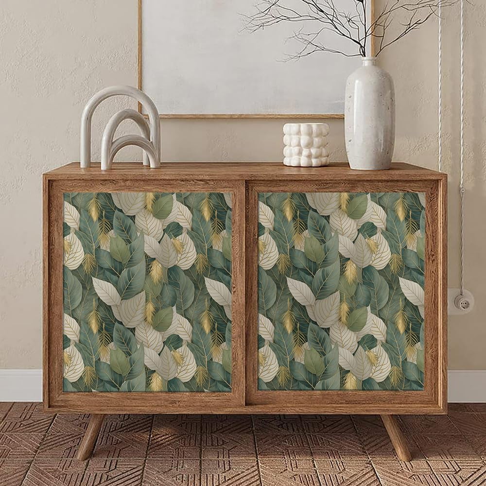 Usachibb Watercolor Floral Peel and Stick Wallpaper, Vintage Gold Leaf Vinyl Contact Paper for Home Decor (Green, 17.3 in x 118.1 in) 6zttj