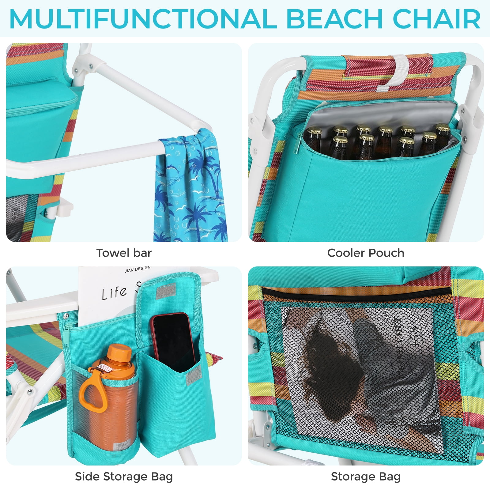 Pirecart Folding Backpack Beach Chairs with 5-Position Recline and Cooler Pouch (Multi-Color Stripes, Set of 2) 8sl2t