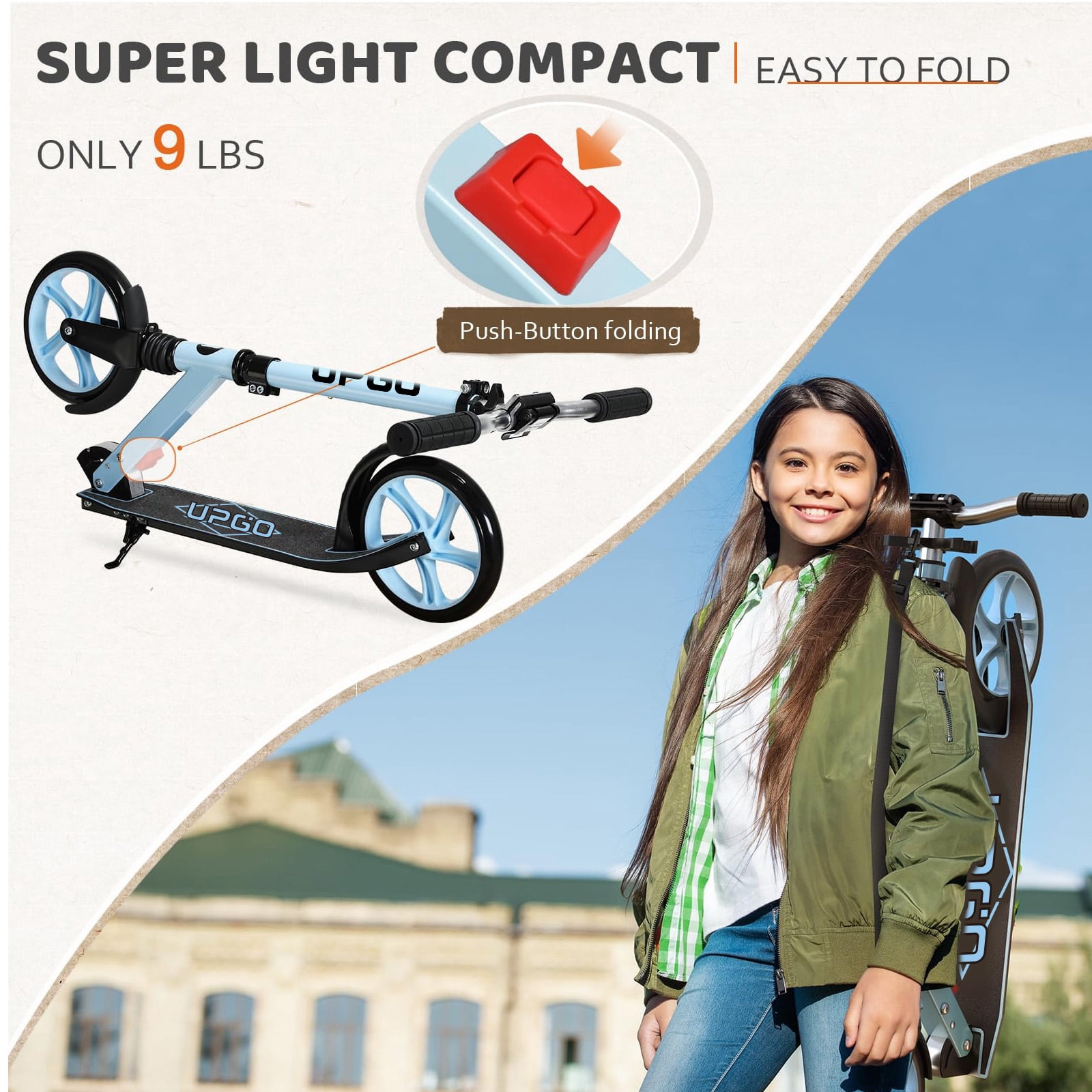 Upgo Foldable Kick Scooter with Adjustable Handlebar and 8-Inch Wheels (Blue, 240 lb Capacity) l1ddw