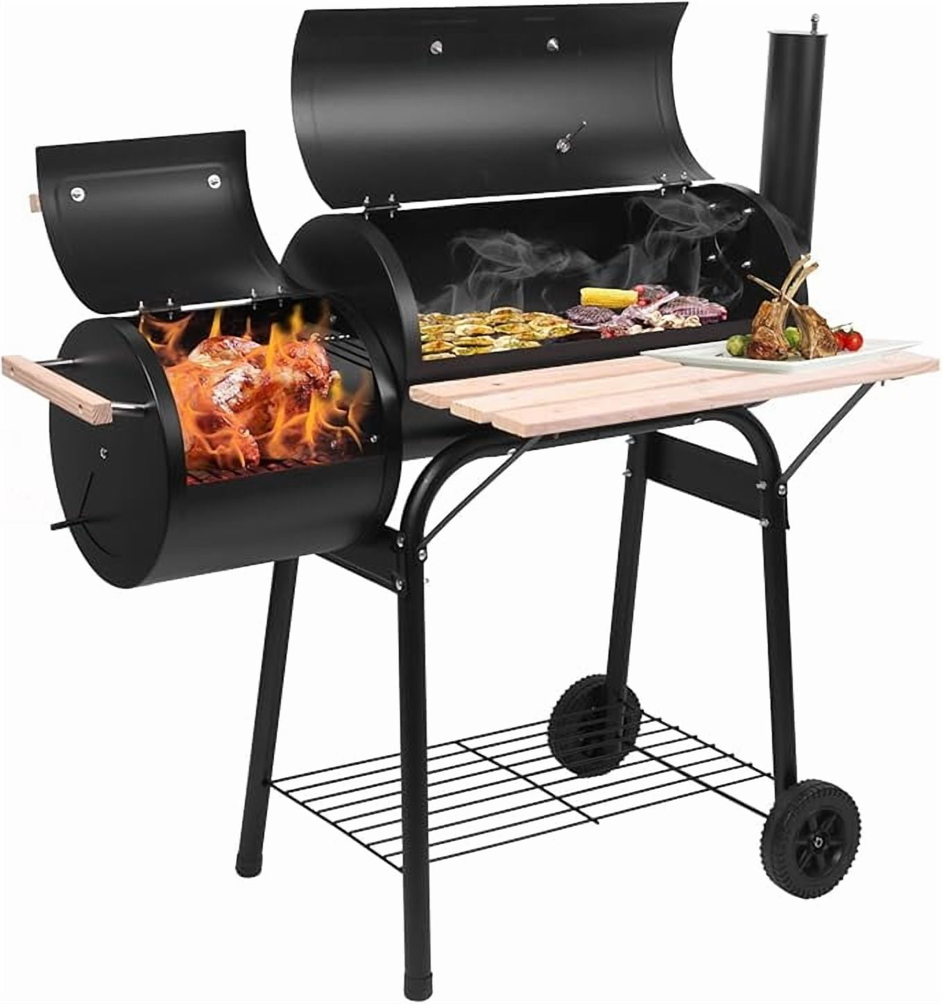 Geemuslly Oil Drum Charcoal Grill and Offset Smoker with Side Fire Box (Black, 4 lb Charcoal Capacity) yoosi