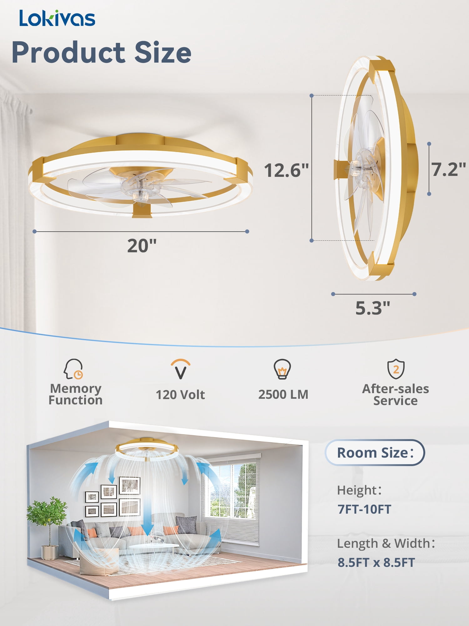 Lokivas 20in Low Profile Ceiling Fan with LED Lights and Remote Control (Gold, 20 in) 3c1p3