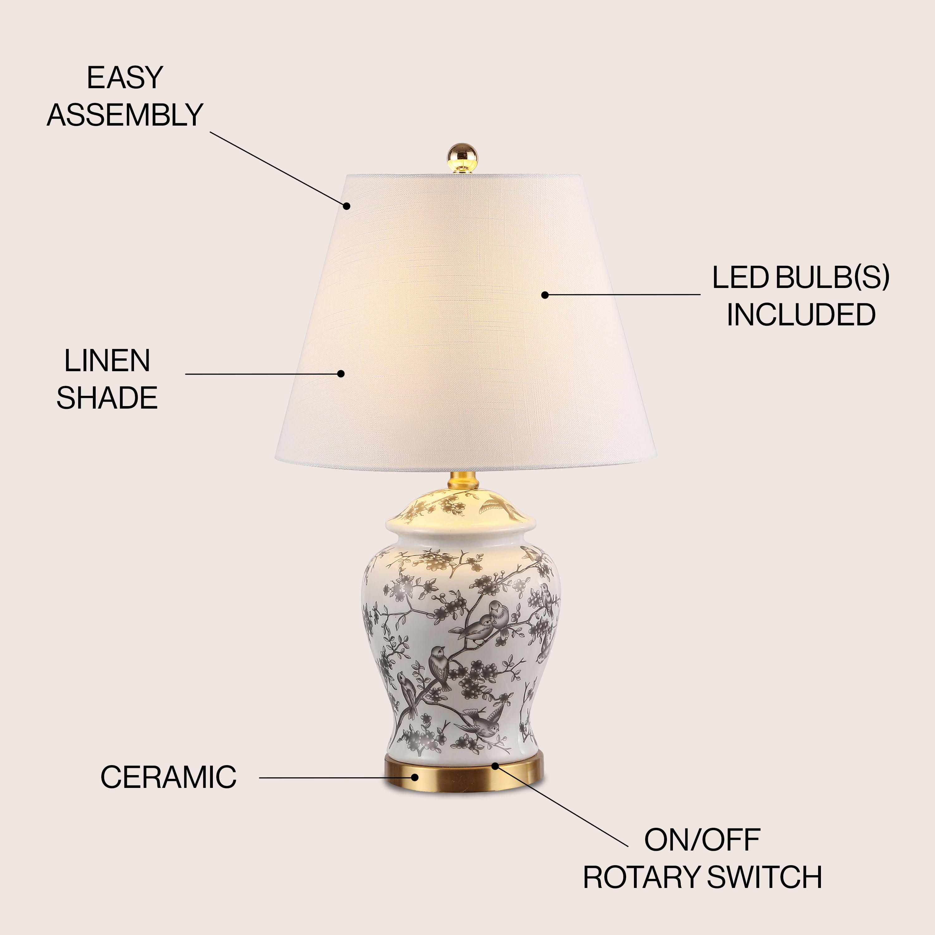 JONATHAN Y Penelope Chinoiserie Ginger Jar LED Table Lamp, Traditional French Country Ceramic Decor (Gray/White, 22 in) acu2v