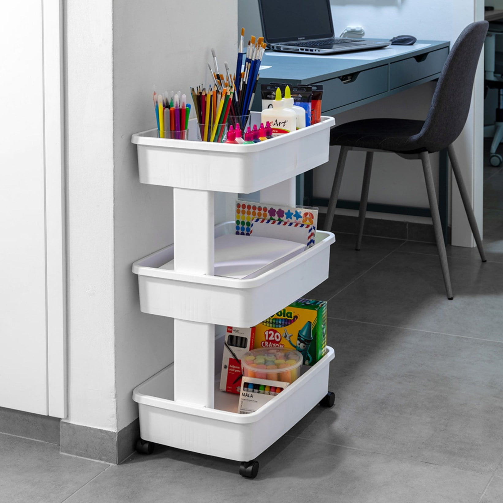 Mainstays 3-Tier Rolling Storage Cart, Multi-Purpose Organizer for Laundry and Home (Arctic White, 17.3 in x 12.5 in x 27.2 in) 9jpbk