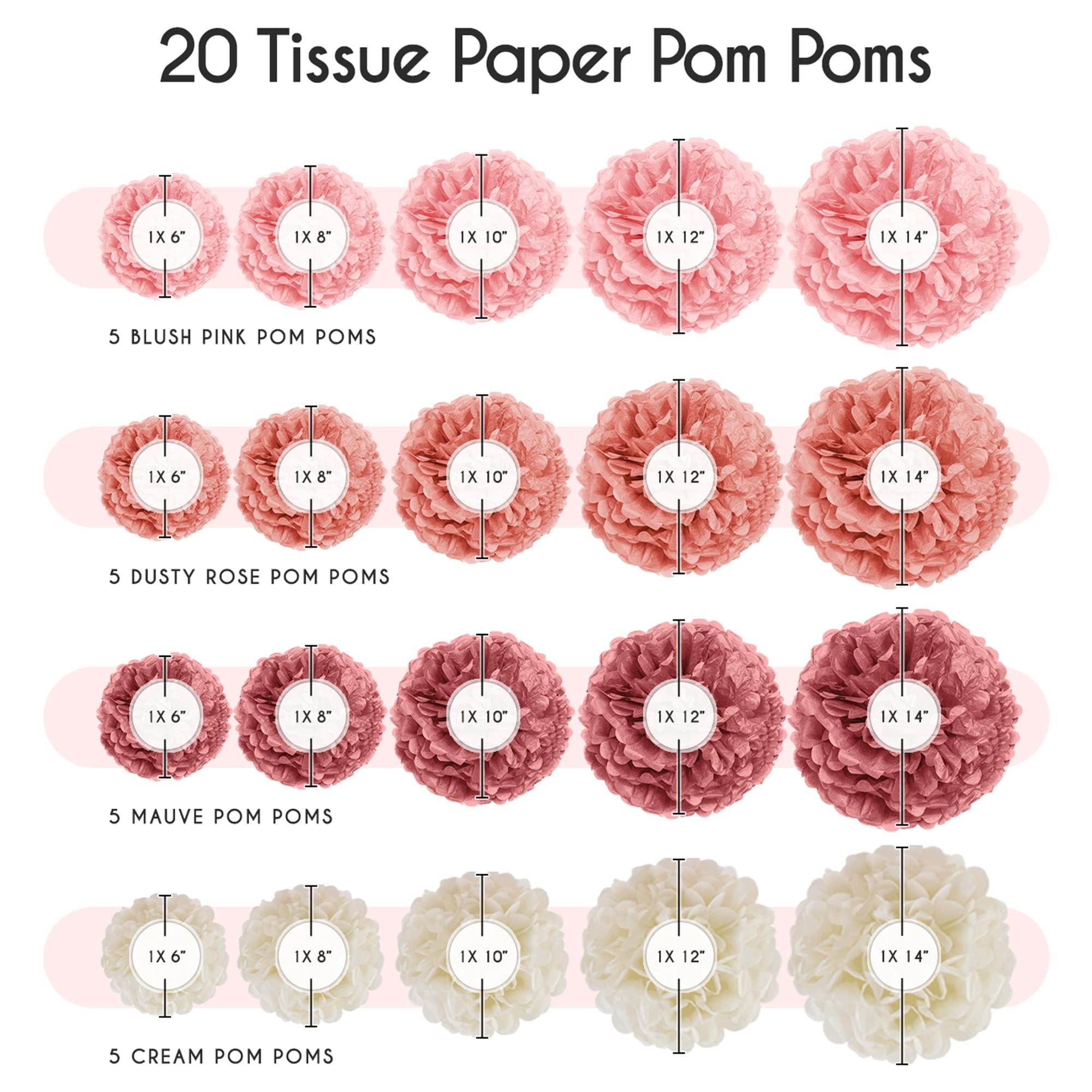 EpiqueOne Tissue Paper Pom Poms Party Decorations (Blush Pink, Dusty Rose, Mauve, Cream, 20 Piece Set, 6 in to 14 in) 5o88w