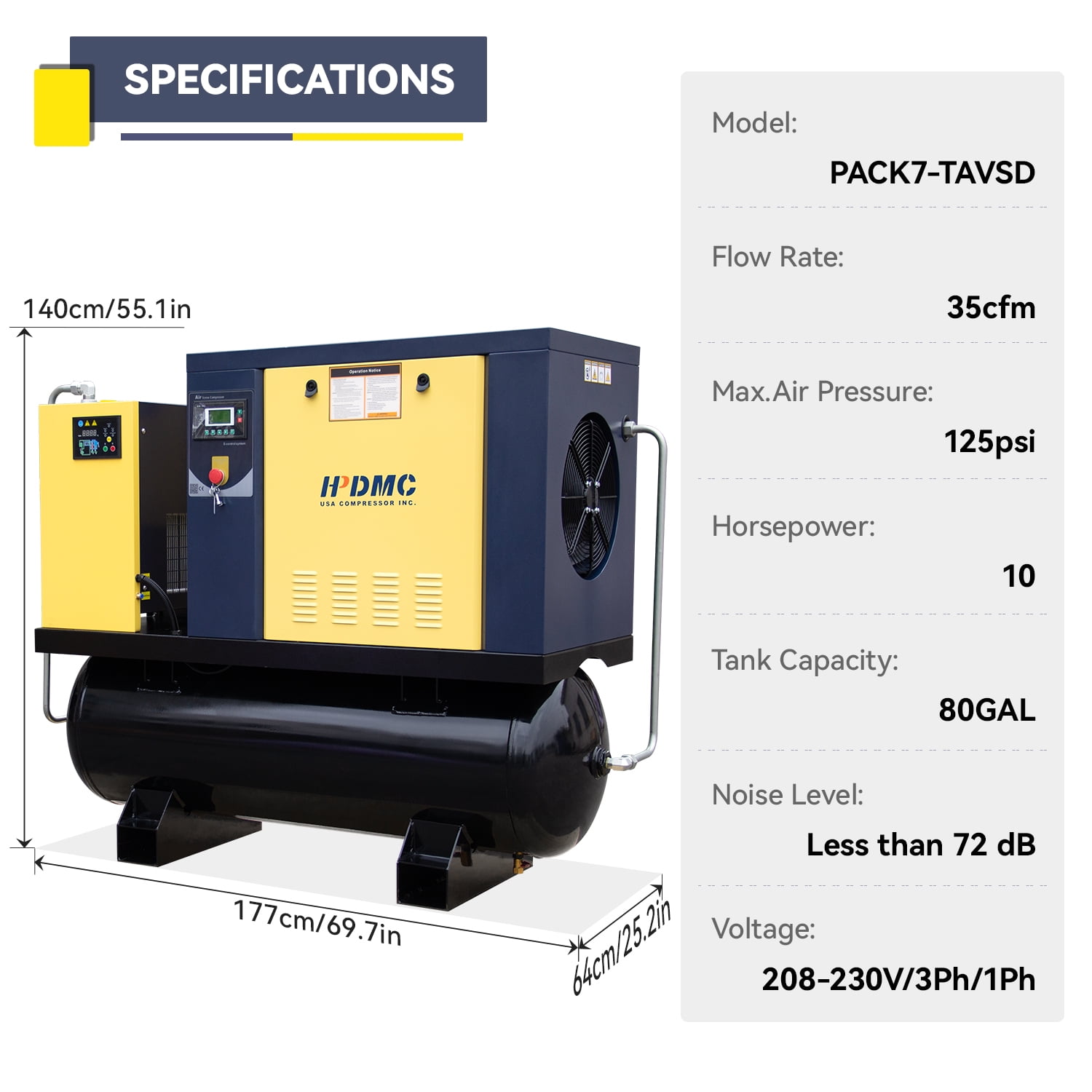 HPDMC 10HP Rotary Screw Air Compressor System with 80 Gal ASME Tank, Refrigerated Dryer & Line Filter (Yellow, 80 Gal) sigc5