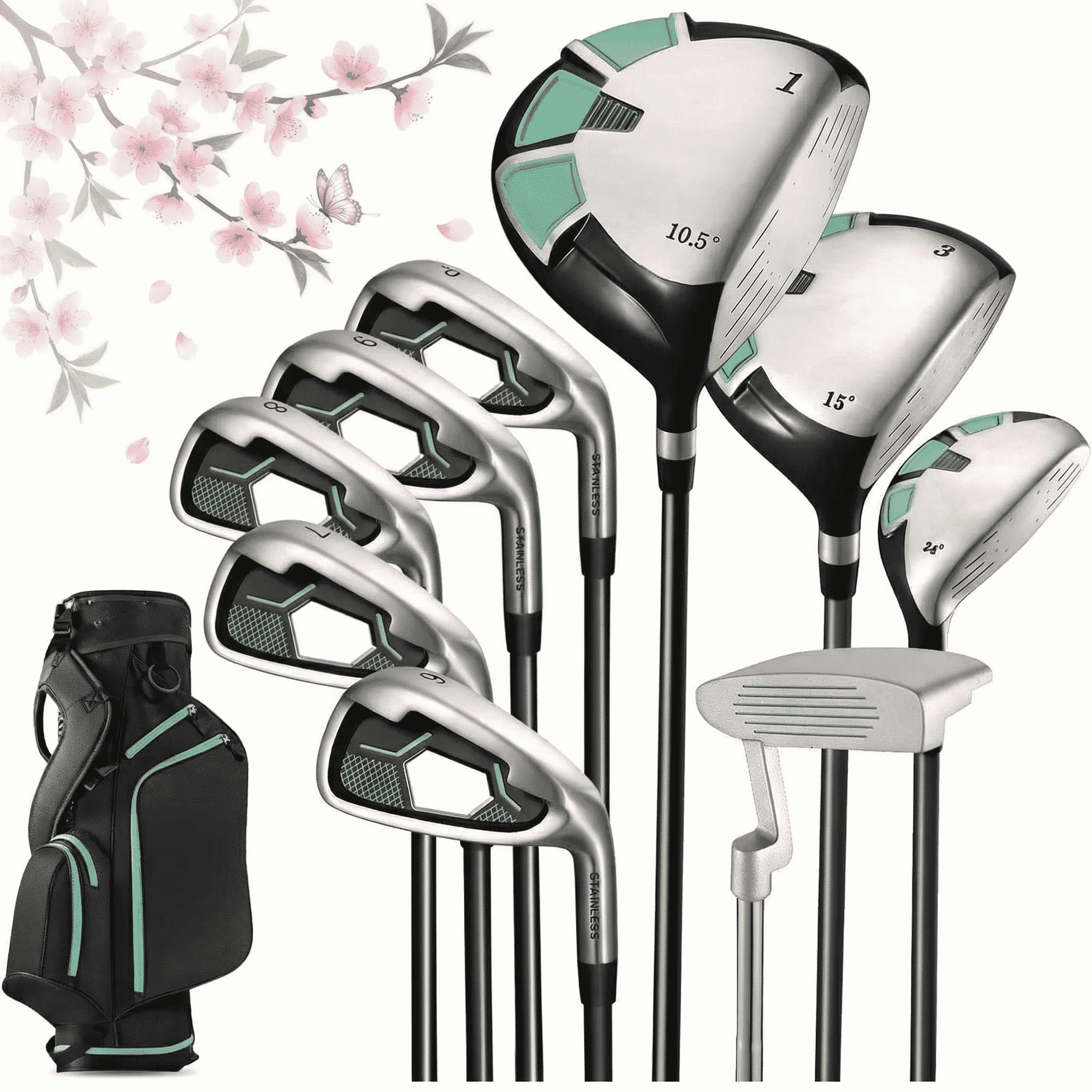 Naipo 9-Piece Complete Golf Club Set for Right-Handed Players with Stand Bag and Head Covers (Green) l0018