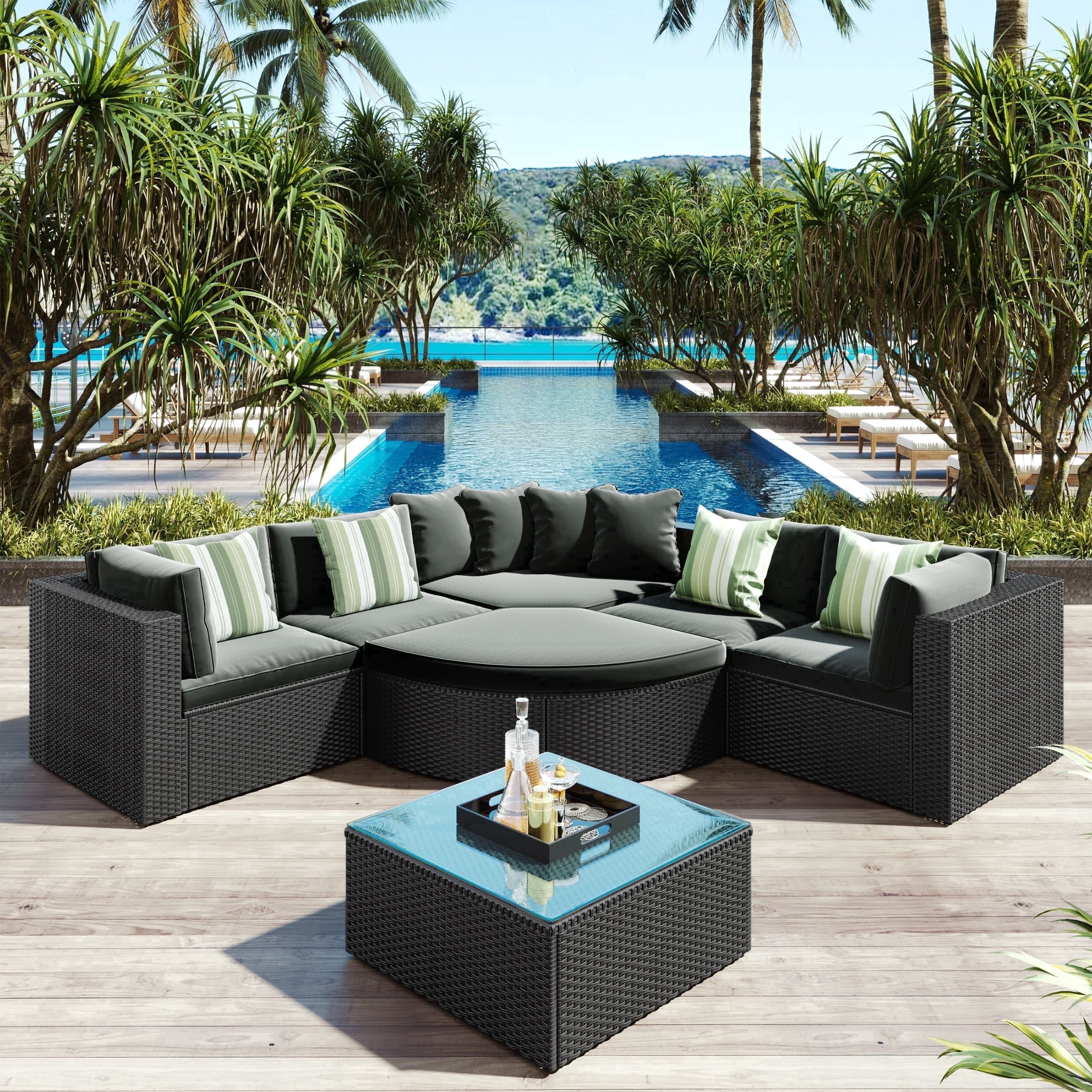 Vanress 7-Piece Outdoor Patio Furniture Set, Sectional Rattan Wicker Sofa with Cushions and Glass Coffee Table (Grey, 7-Piece Set) q4fkr