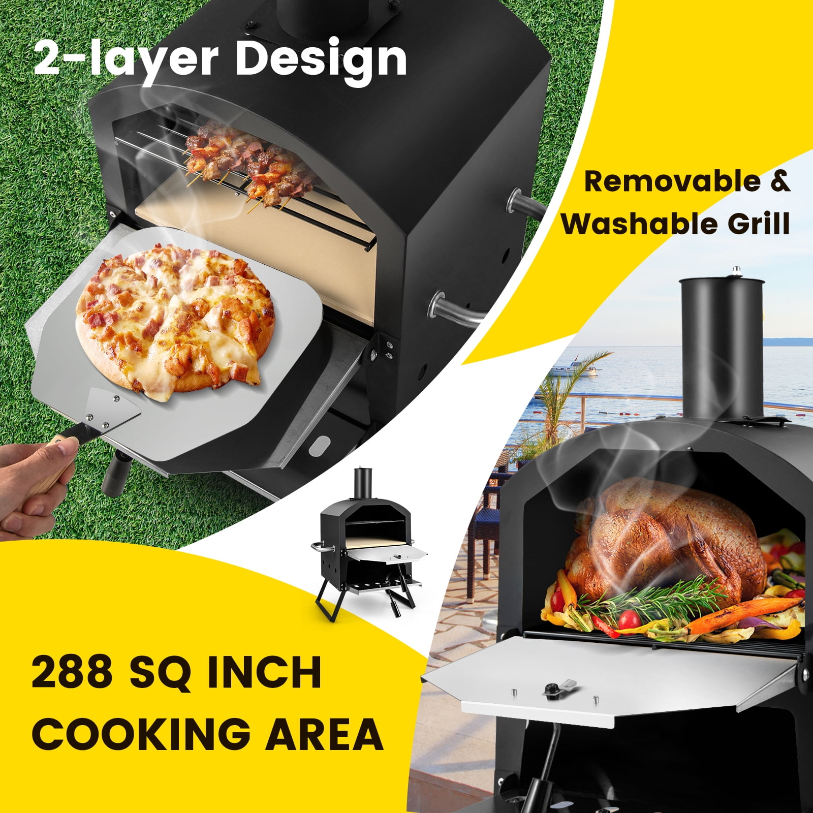 Costway 2-Layer Wood Fired Pizza Oven Outdoor Grill with Waterproof Cover (12 in x 12 in) m0tke
