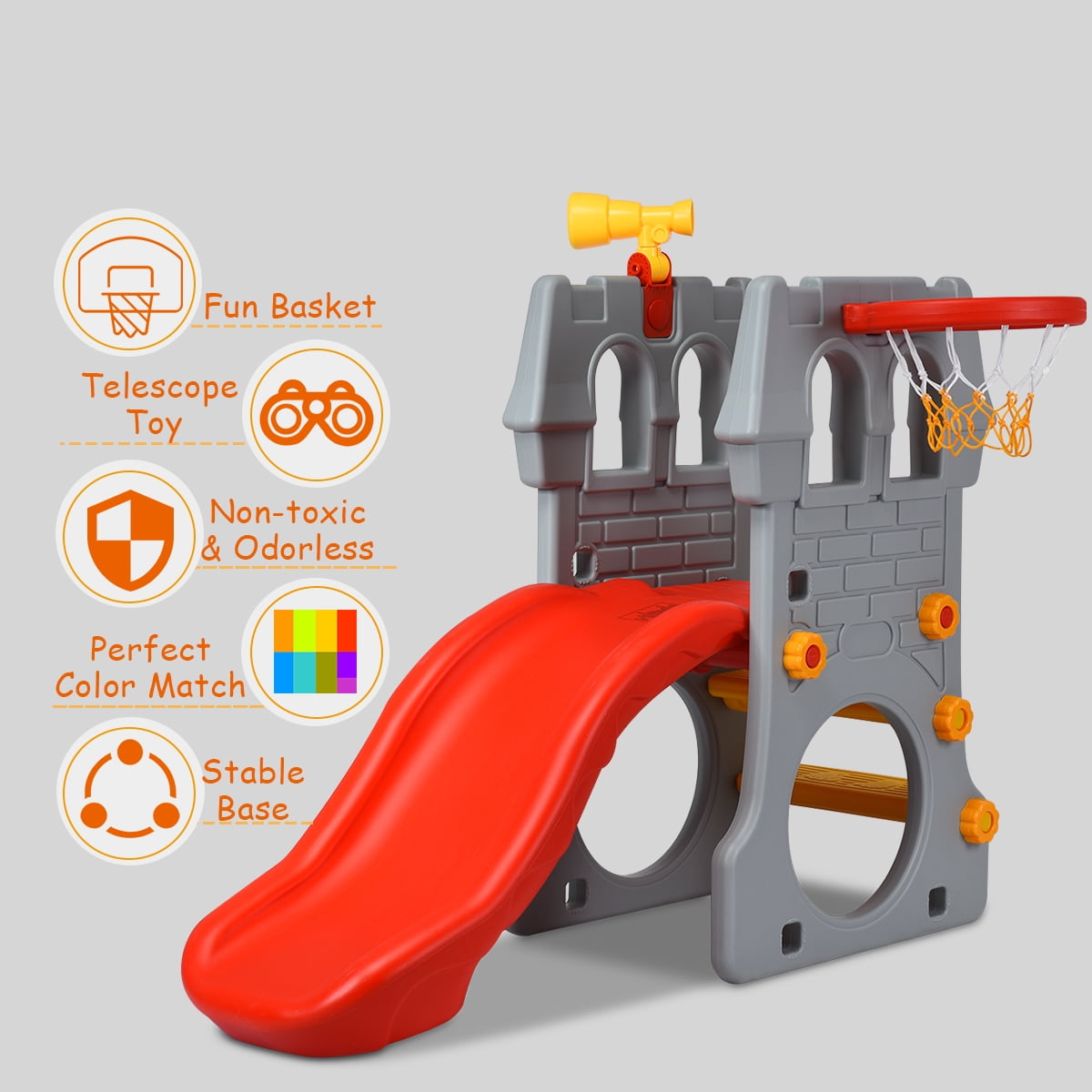 Costway Kids Castle Play Slide with Basketball Hoop and Telescope (Red, 54.5 in x 36.5 in x 45 in) fgnss