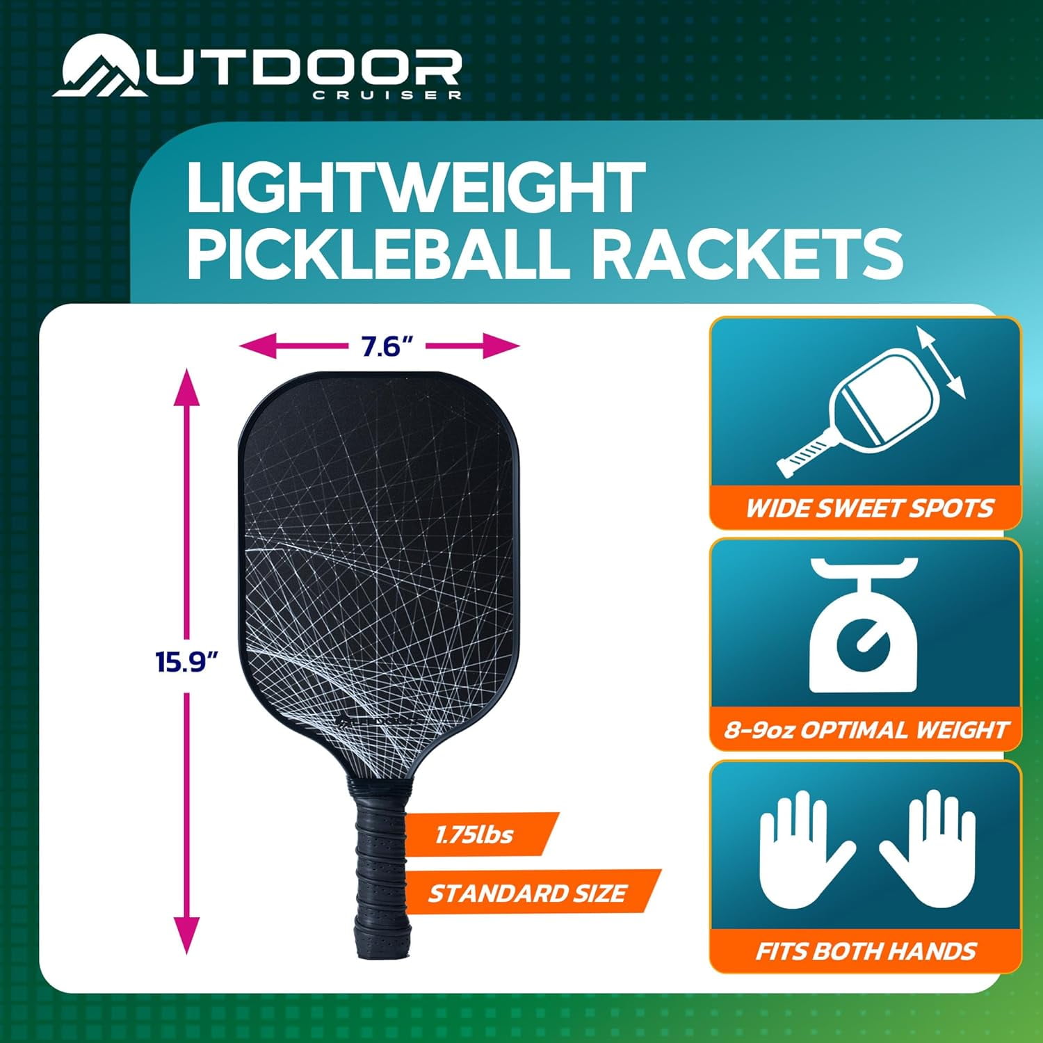 OutdoorCruiser Pickleball Racket Set Carbon Fiber Lightweight Paddles with Honeycomb Core (Black, 2 Rackets, 4 Balls, 1 Sling Bag) psvry