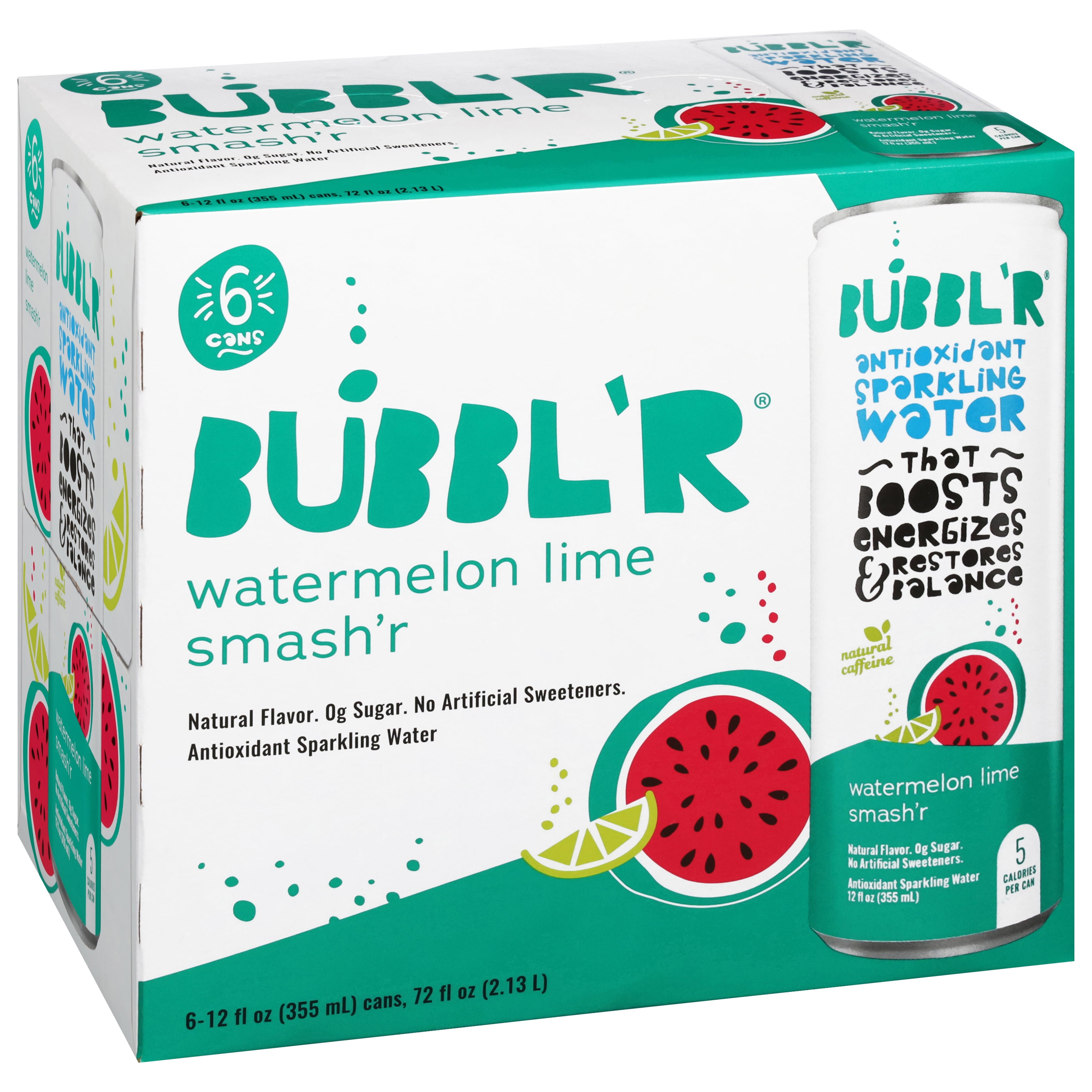 BUBBL'R Antioxidant Sparkling Water, Watermelon Lime Smash'r, Refreshing Natural Energy Drink (12 fl oz, 6 Pack) ubref