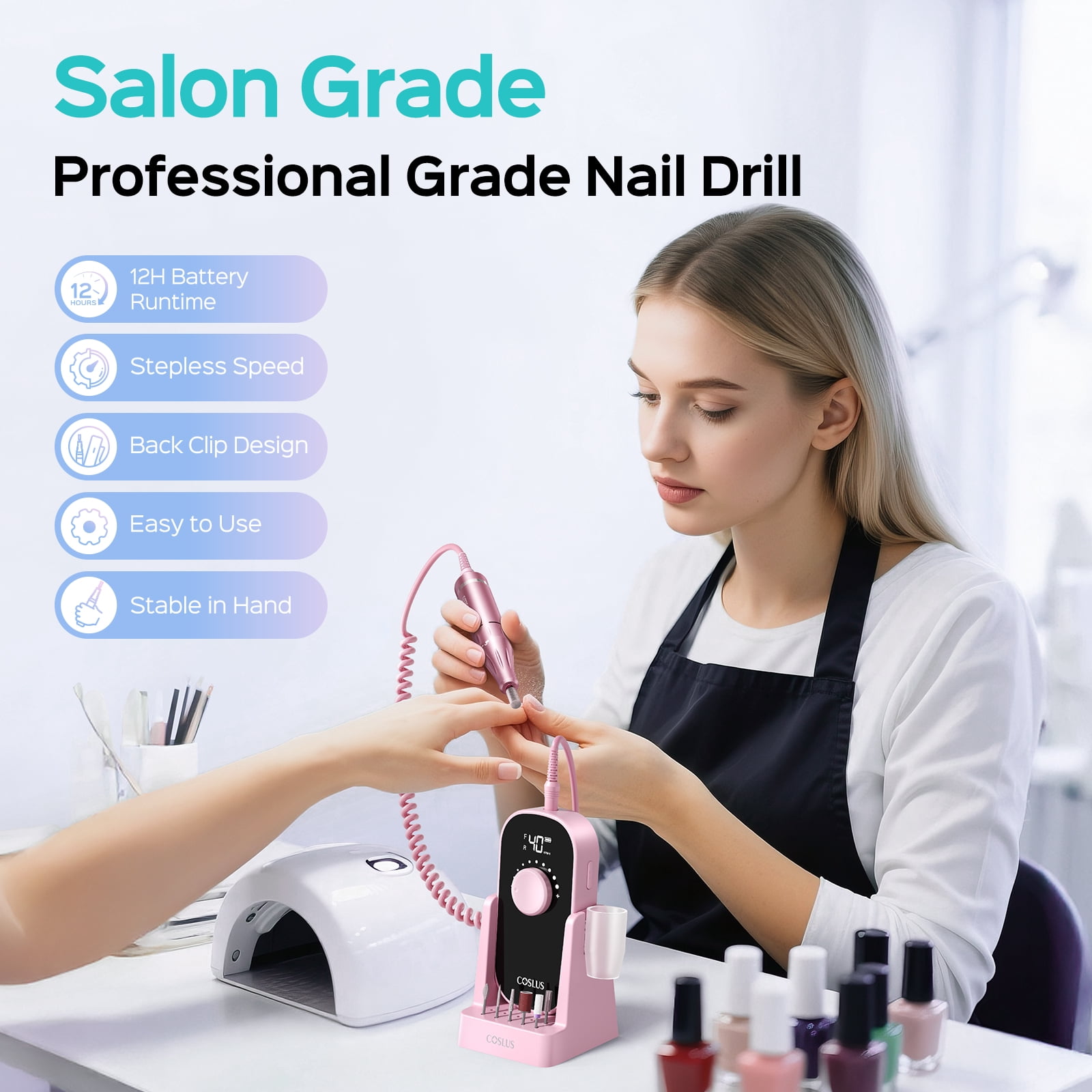 COSLUS Electric Nail Drill, 40000 RPM Portable Nail File with Storage Stand for Acrylic and Gel (Pink, 1 Unit) tqcfp