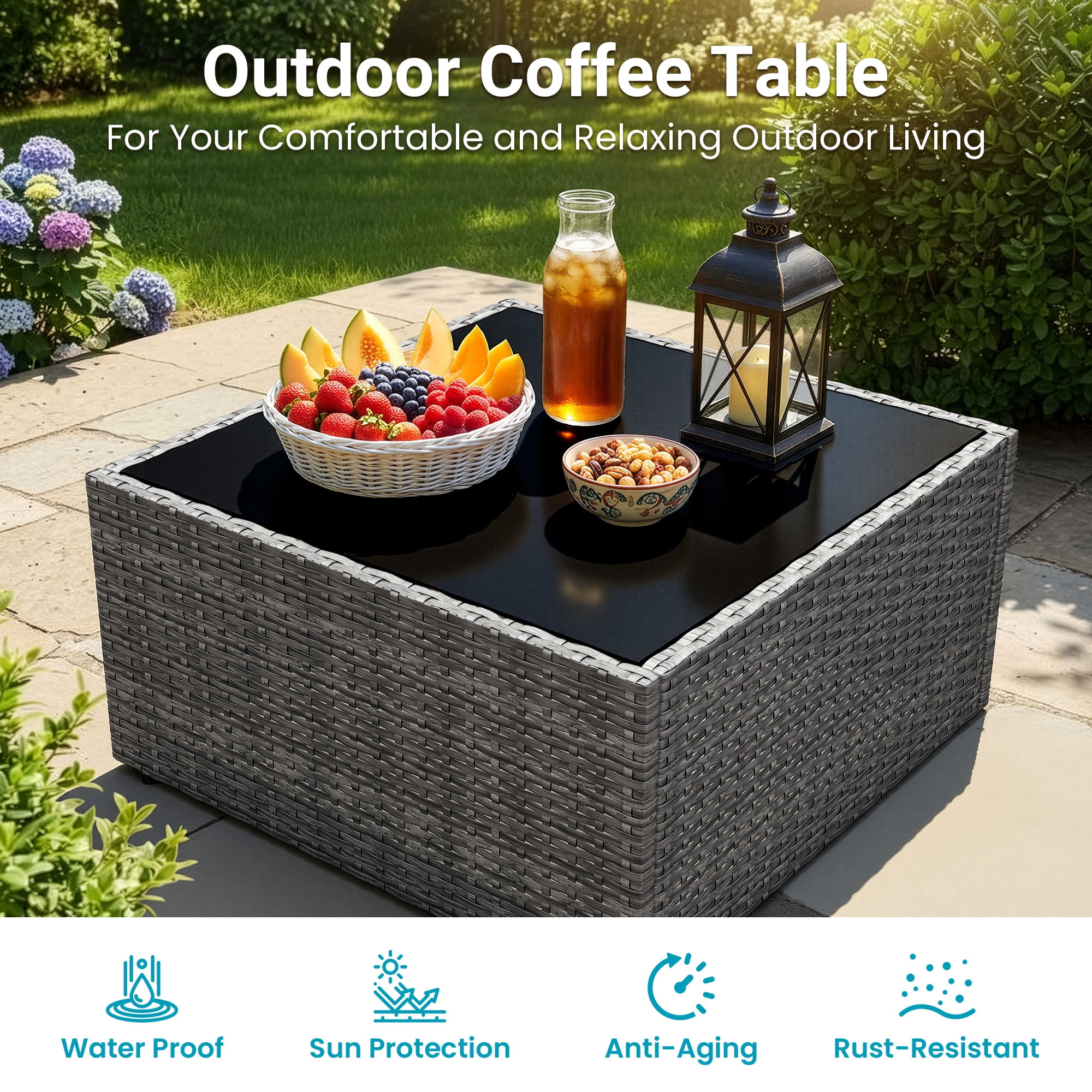 Cozy Home 5-Piece Patio Rattan Furniture Set, Outdoor Sectional Sofa with Ottoman and Coffee Table (Grey, 5-Piece Set) bnnyk